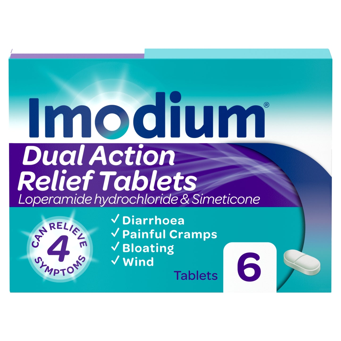 Imodium Dual Action Diarrhoea Cramps Bloating + Wind Relief 6 Tablets