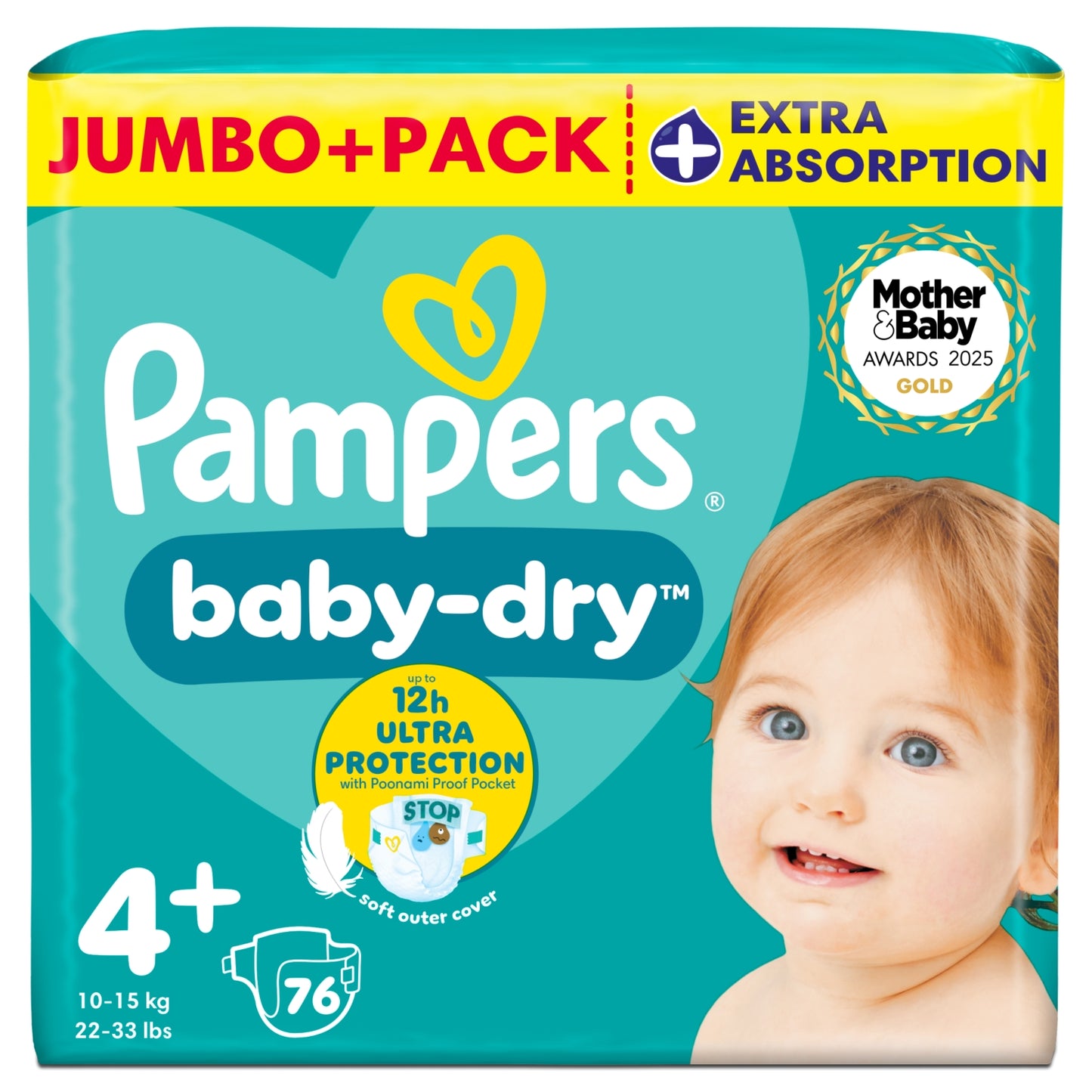Pampers Baby-Dry Size 4+, 76 Nappies, 10kg-15kg, Jumbo+ Pack