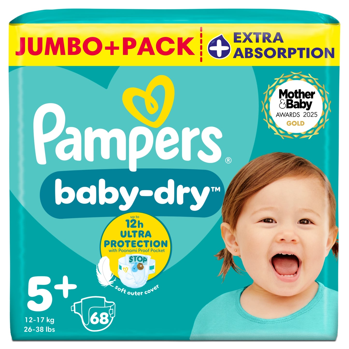 Pampers Baby-Dry Size 5+, 68 Nappies, 12kg-17kg, Jumbo+ Pack