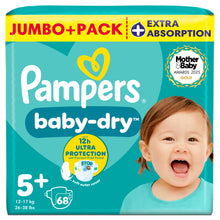 Pampers Baby-Dry Size 5+, 68 Nappies, 12kg-17kg, Jumbo+ Pack