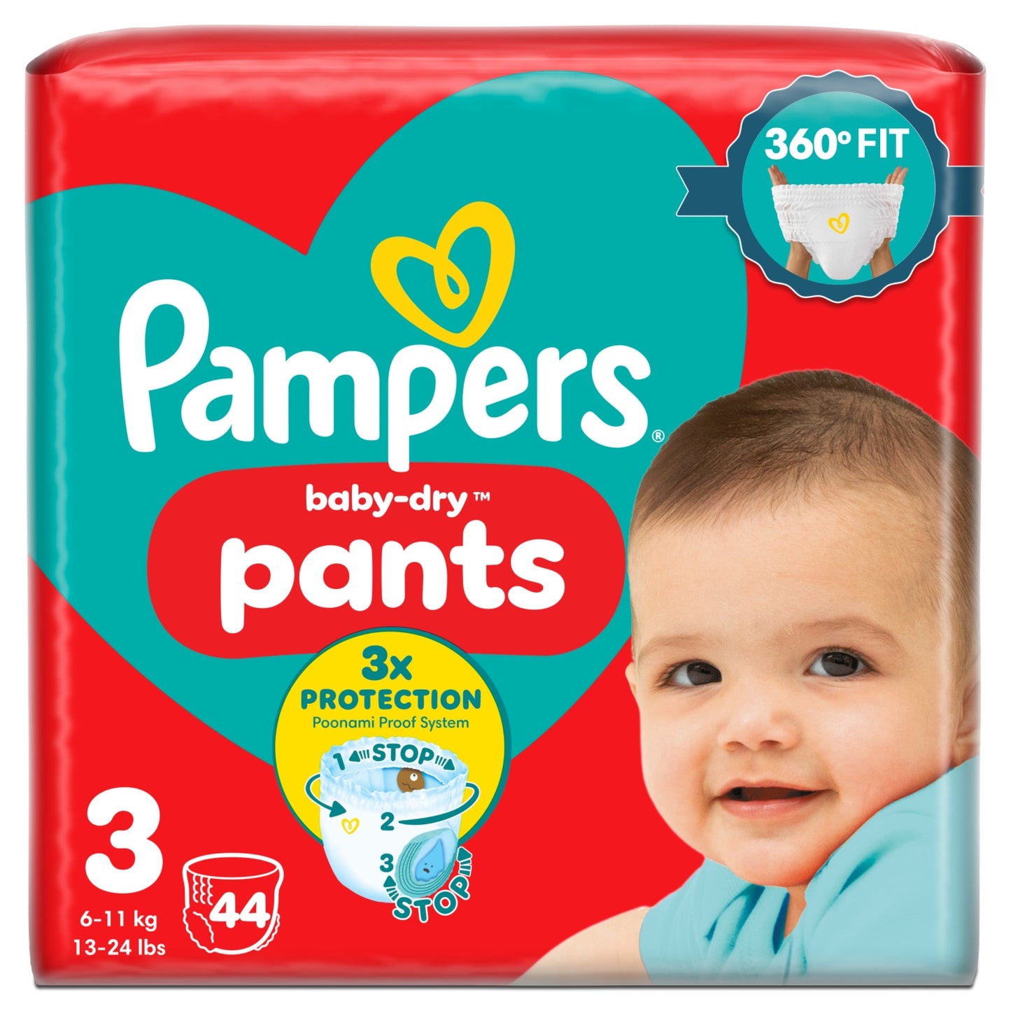 Pampers Baby-Dry Nappy Pants Size 3, 44 Nappies, 6kg-11kg, Essential Pack