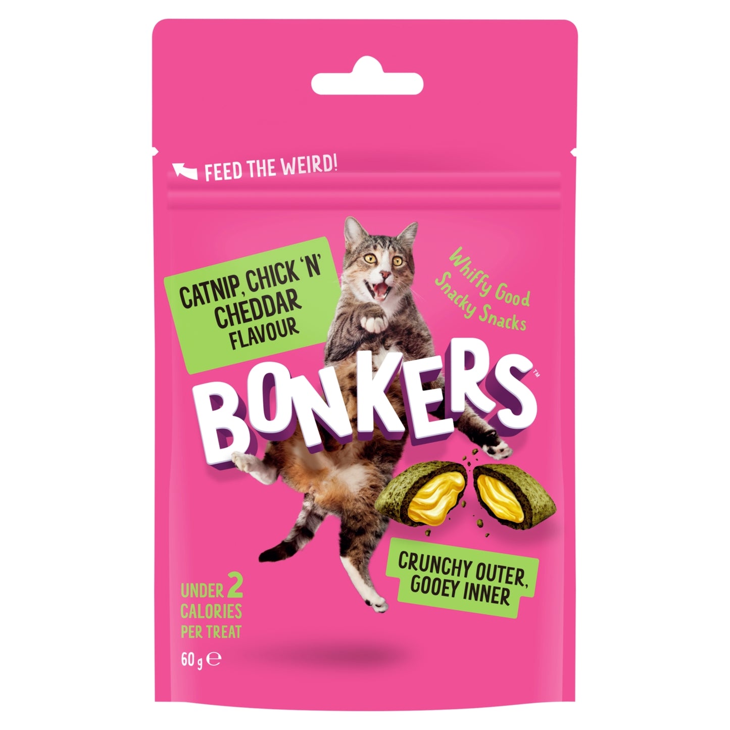 Bonkers Crunchy And Soft Cat Treats Catnip, Chick N' Cheddar Flavour 2.1 oz / 60 g