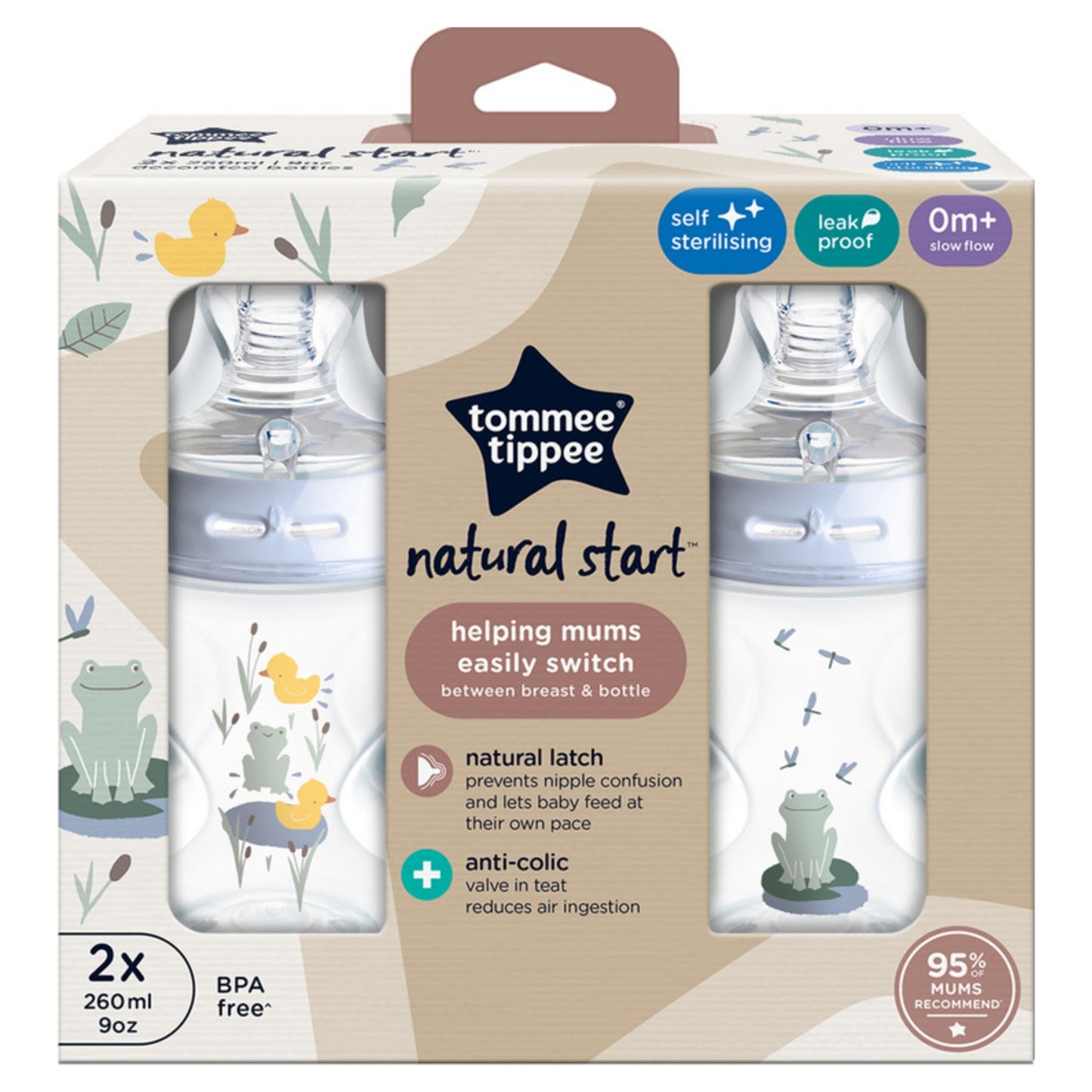 Tommee Tippee 2x 260ml Natural Start Anti-Colic Baby Bottles, Pond Blue, 0m+