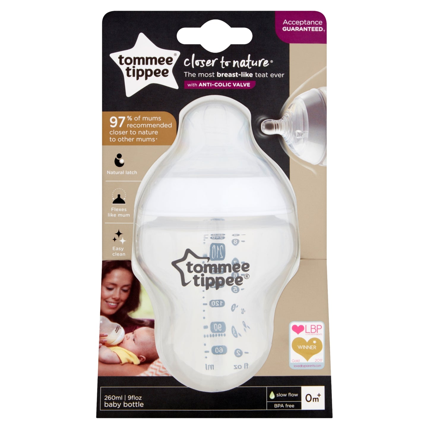 Tommee Tippee 260ml Natural Start Anti-Colic Baby Bottle, Slow-Flow Teat for 0m+