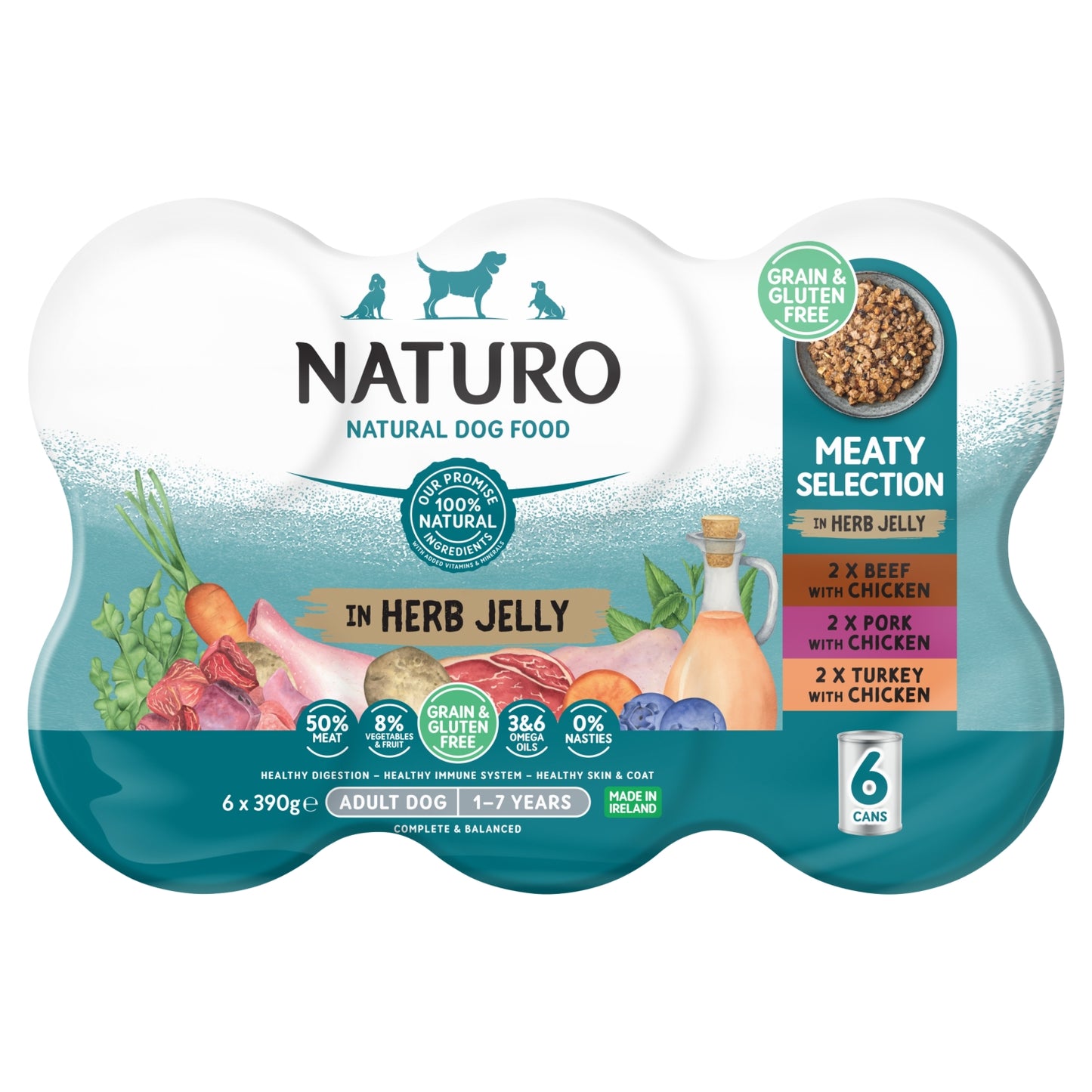 Naturo Natural Dog Food Meaty Selection in Herb Jelly Adult Dog 1-7 Years 6 x 390g