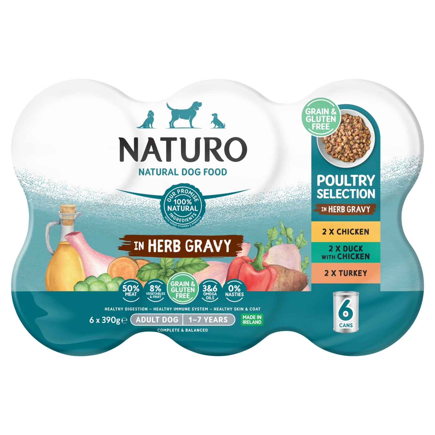 Naturo Natural Dog Food Poultry Selection in Herb Gravy Adult Dog 1-7 Years 6 x 390g