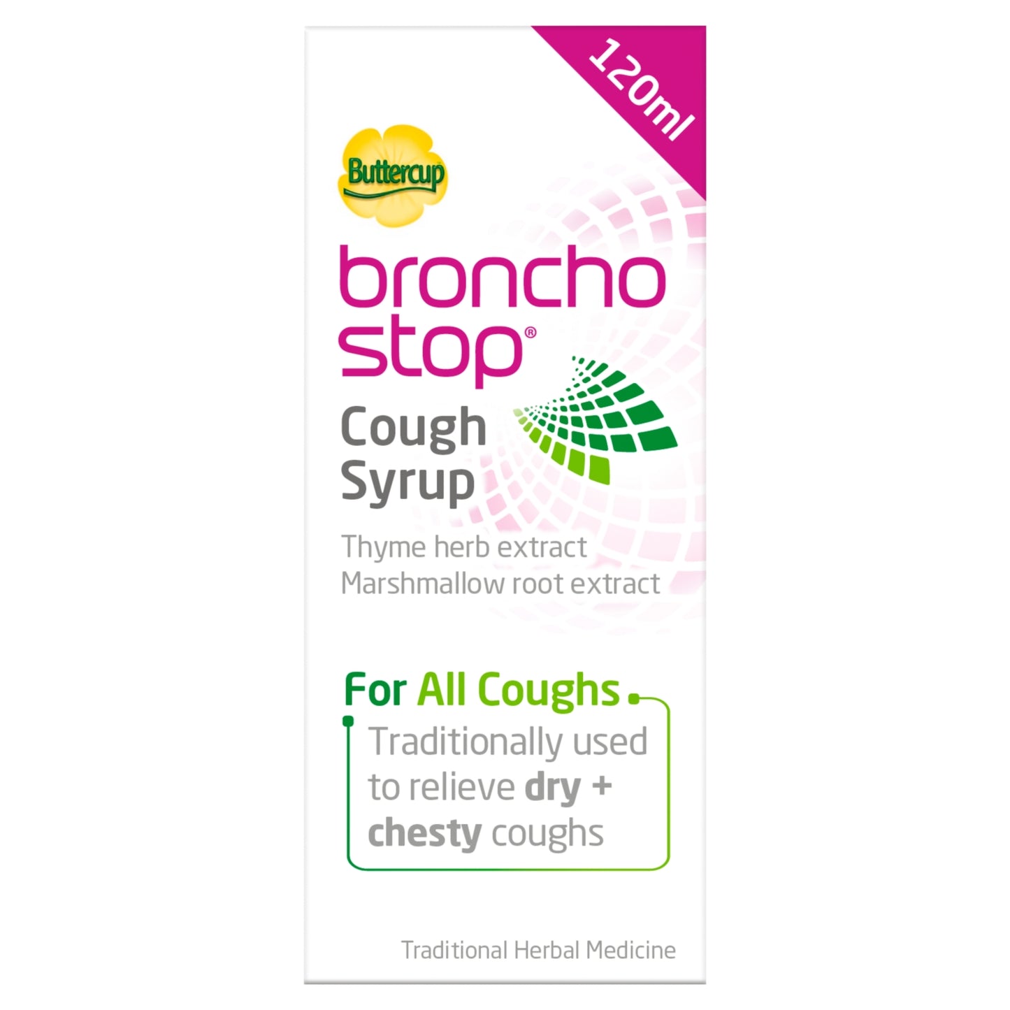 Buttercup Bronchostop Cough Syrup (120ml) - Relief for Dry or Chesty Coughs - with Natural Thyme Herb and Marshmallow Root Extract - Non Drowsy Cough Medicine That Can Be Diluted & Undiluted - Alcohol Free