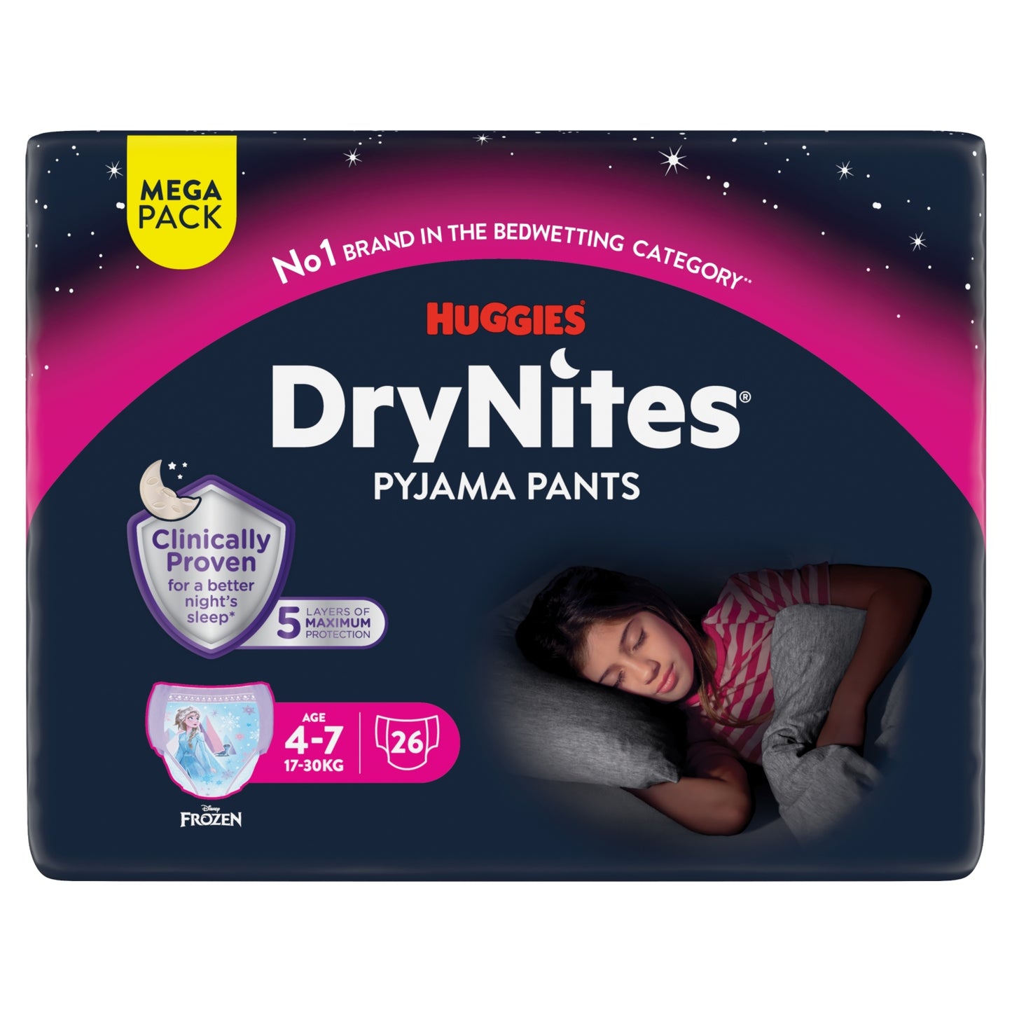 Huggies DryNites MEGA Bedwetting Pyjama Nappy Pants Girl 4-7yrs 26 Pants