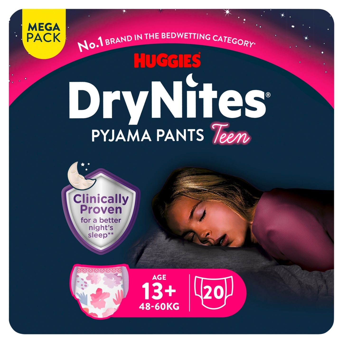 Huggies DryNites Girls Pyjama Pants for Bedwetting 13+ Yrs 48-60kg MEGA Pack 20 pants