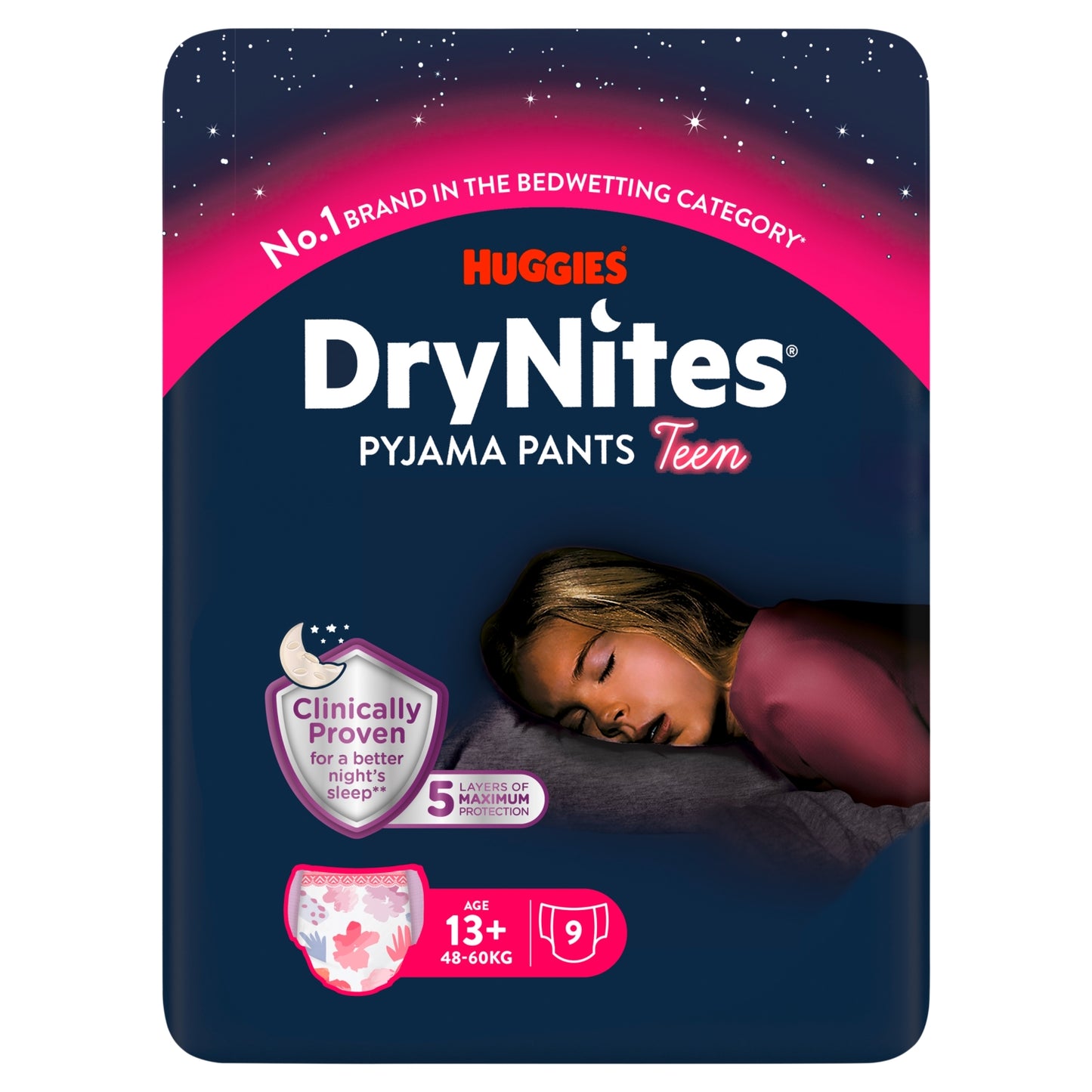Huggies DryNites Girls Pyjama Pants for Bedwetting 13+ Yrs 48-60kg x9 pants
