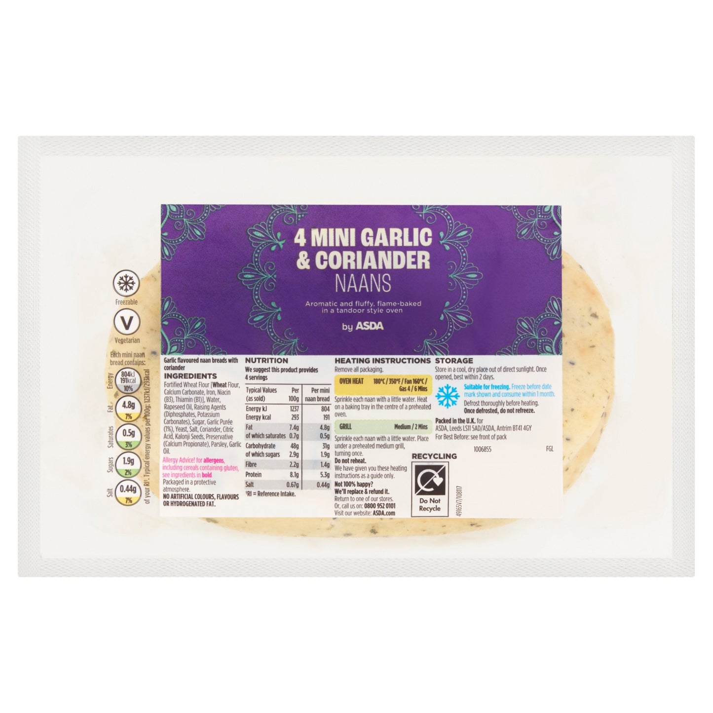 ASDA 4 Mini Garlic & Coriander Naans