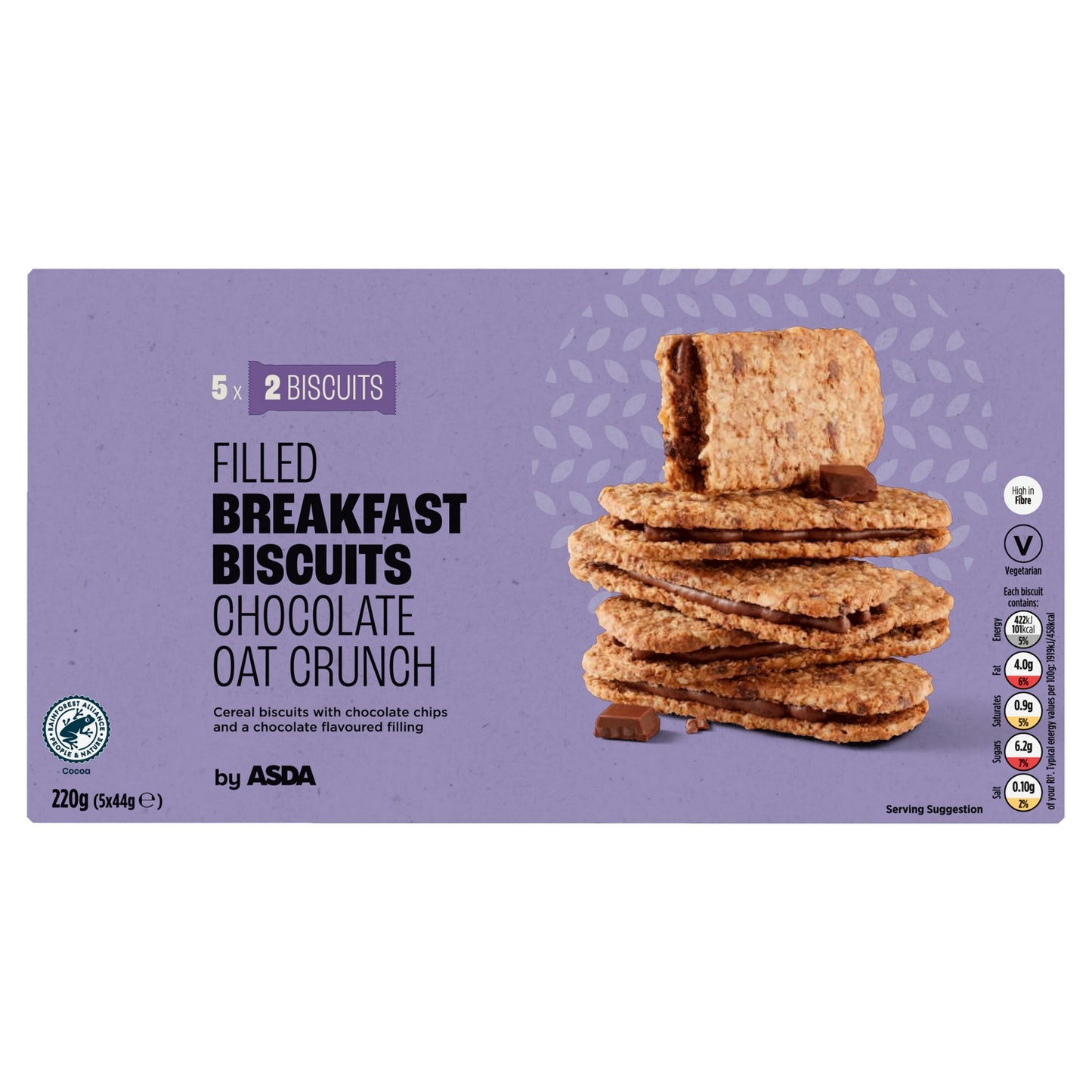 ASDA Filled Breakfast Biscuits Chocolate Oat Crunch 5 x 44g (220g)