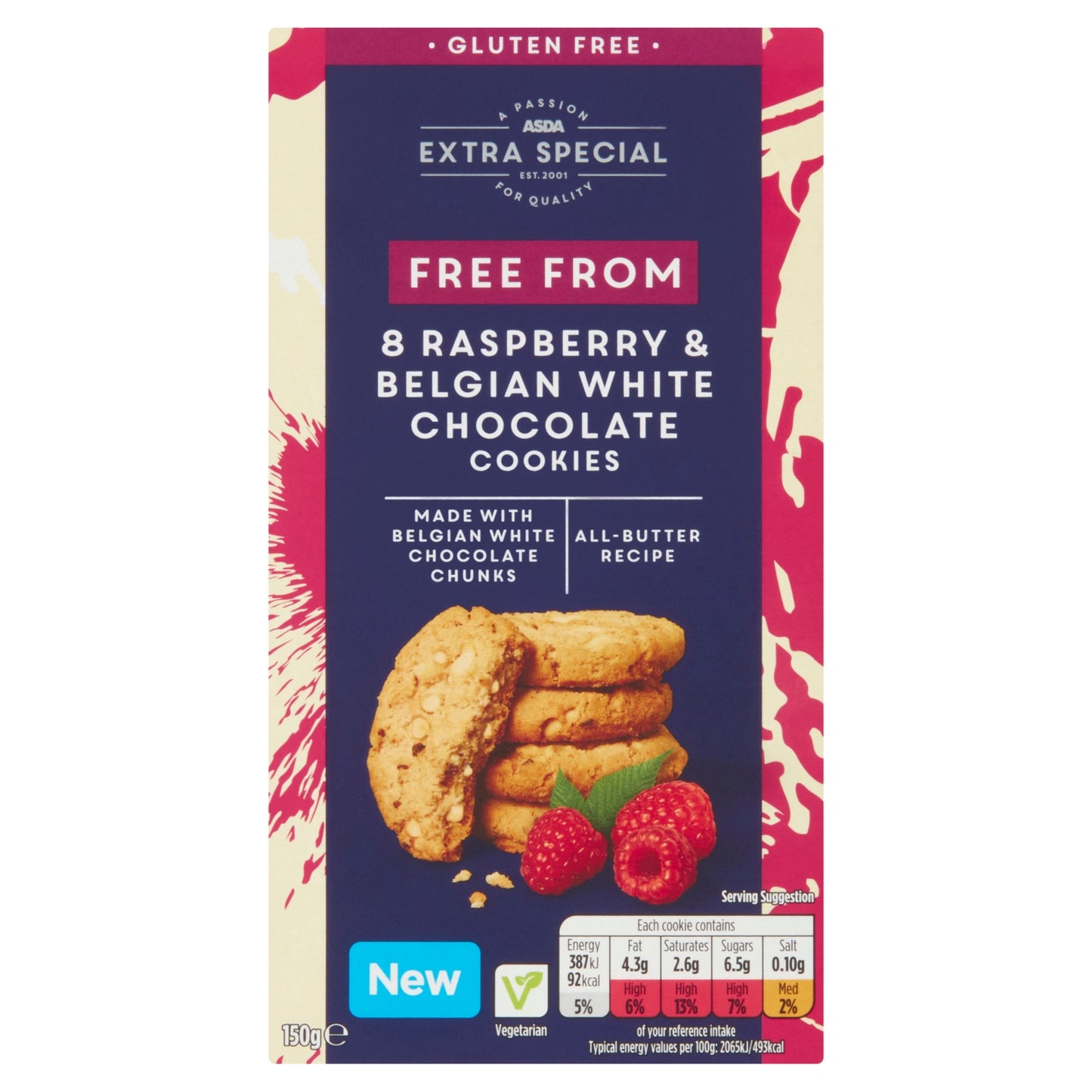 ASDA Extra Special Free From 8 Raspberry & Belgian White Chocolate Cookies 150g
