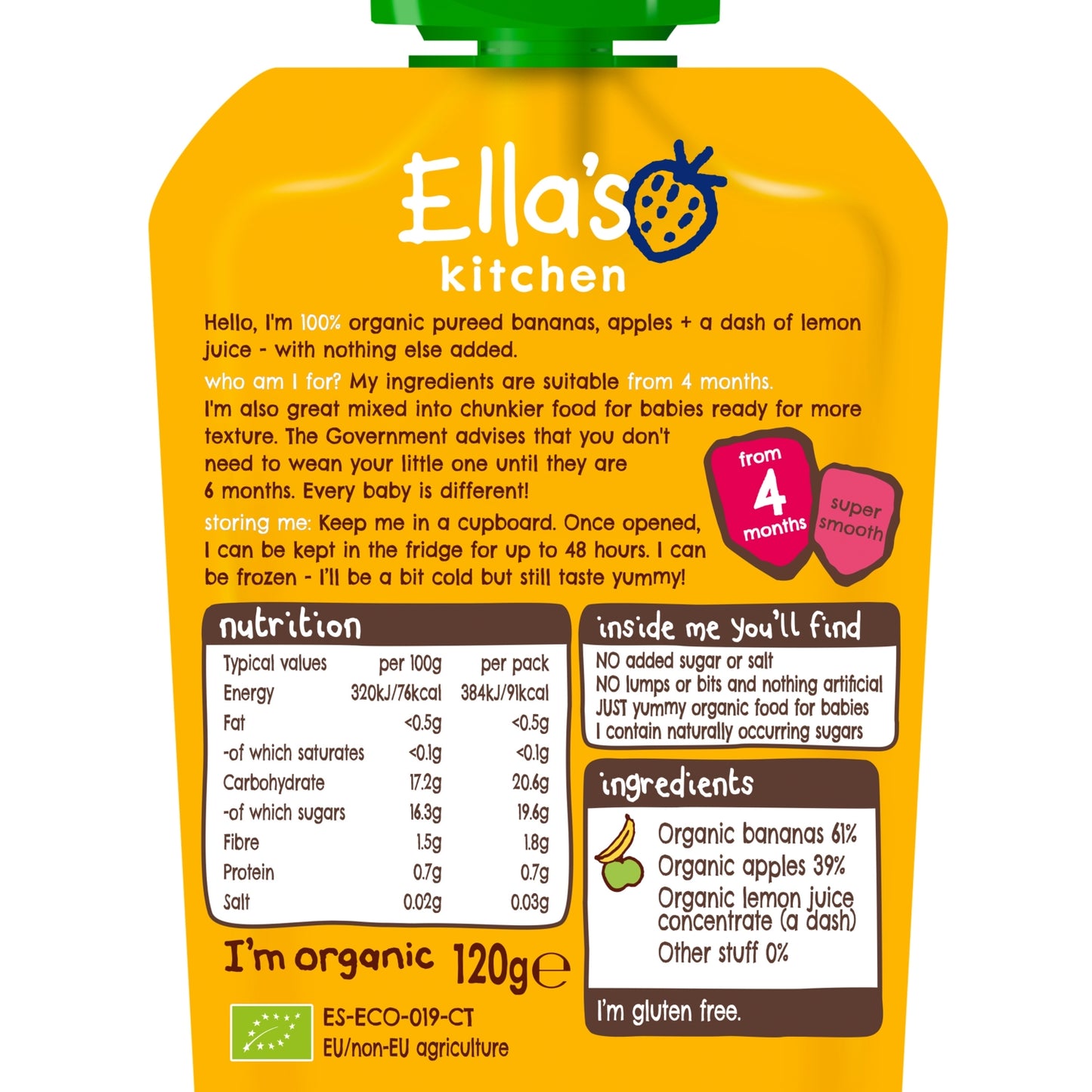 Ella's Kitchen Organic Bananas and Apples Baby Pouch 4+ Months 120g