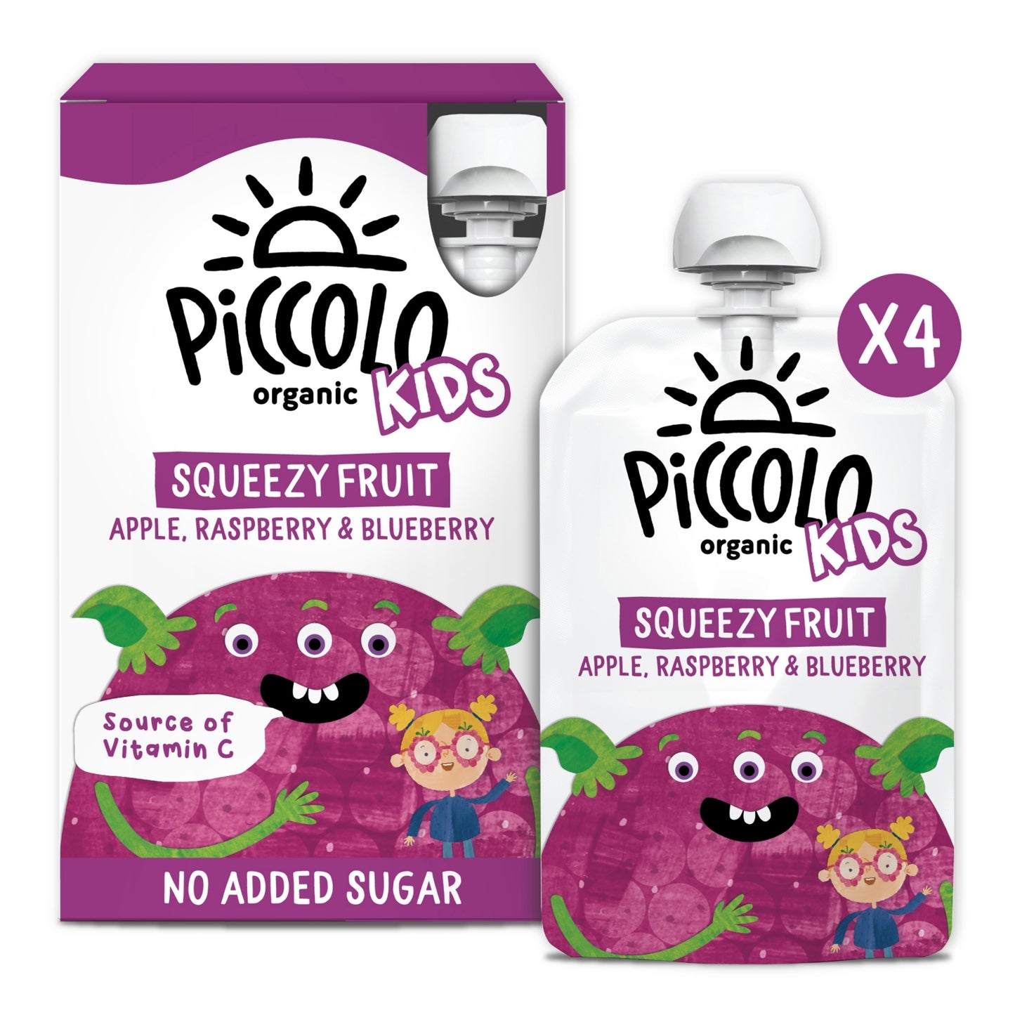 Piccolo Organic Kids Squeezy Fruit Apple, Raspberry & Blueberry 4 x 90g (360g)
