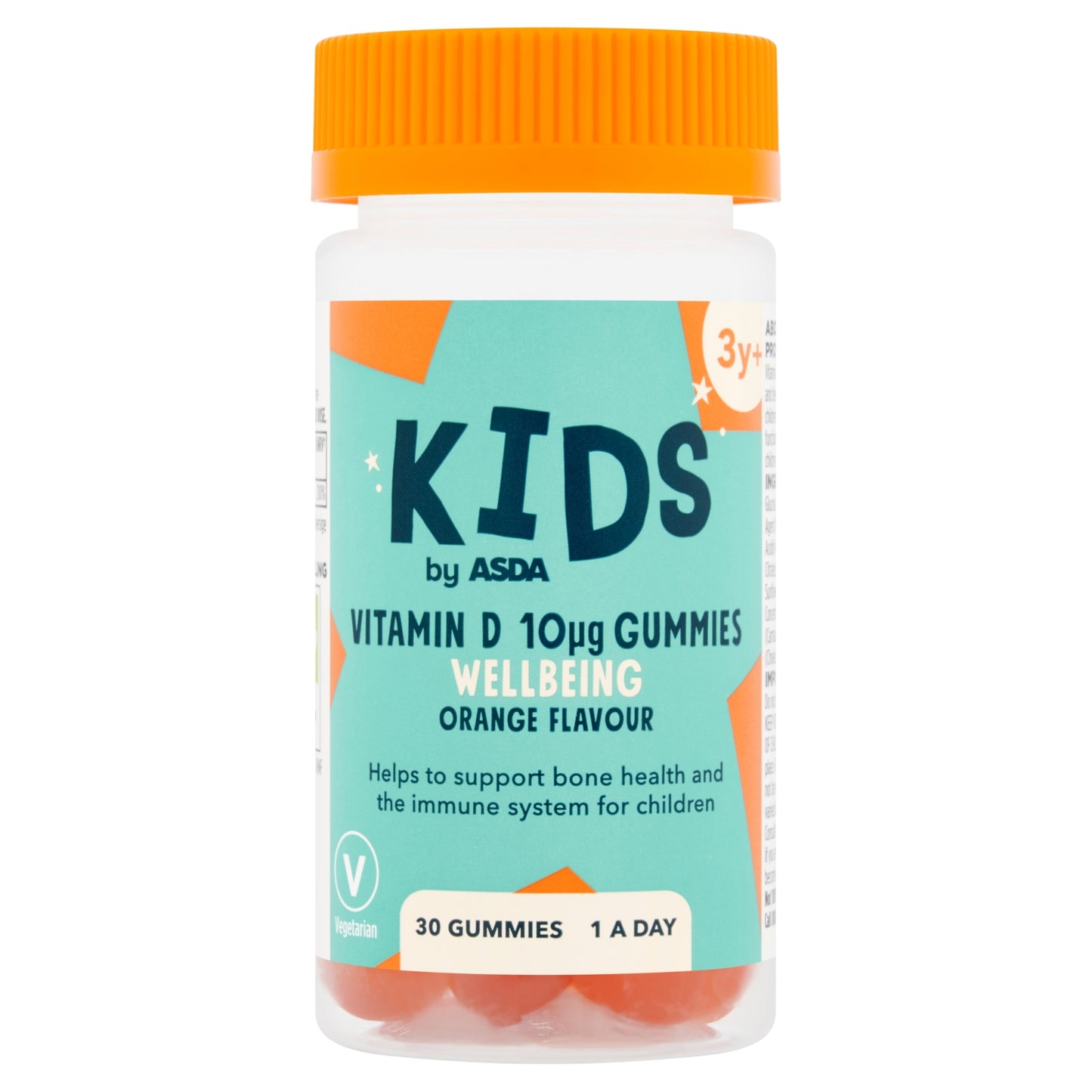 ASDA Kids by Wellbeing Orange Flavour Vitamin D 10μg 1 a Day 3y+ 30 Gummies