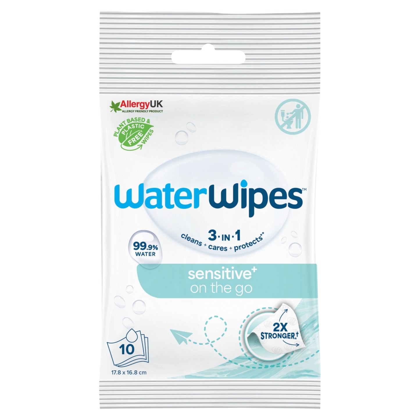 WaterWipes Sensitive+ On The Go Wipes, 3-In-1 Cleans, Cares, Protects, 99.9% Water, Unscented Wet Wipes,10 Count