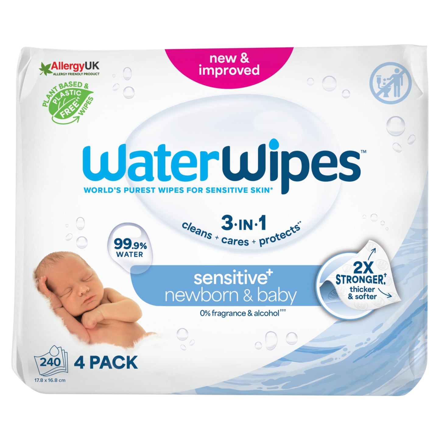 WaterWipes Sensitive+ Newborn & Baby Wipes, 3-In-1 Cleans, Cares, Protects, 99.9% Water, Unscented, 240 Count