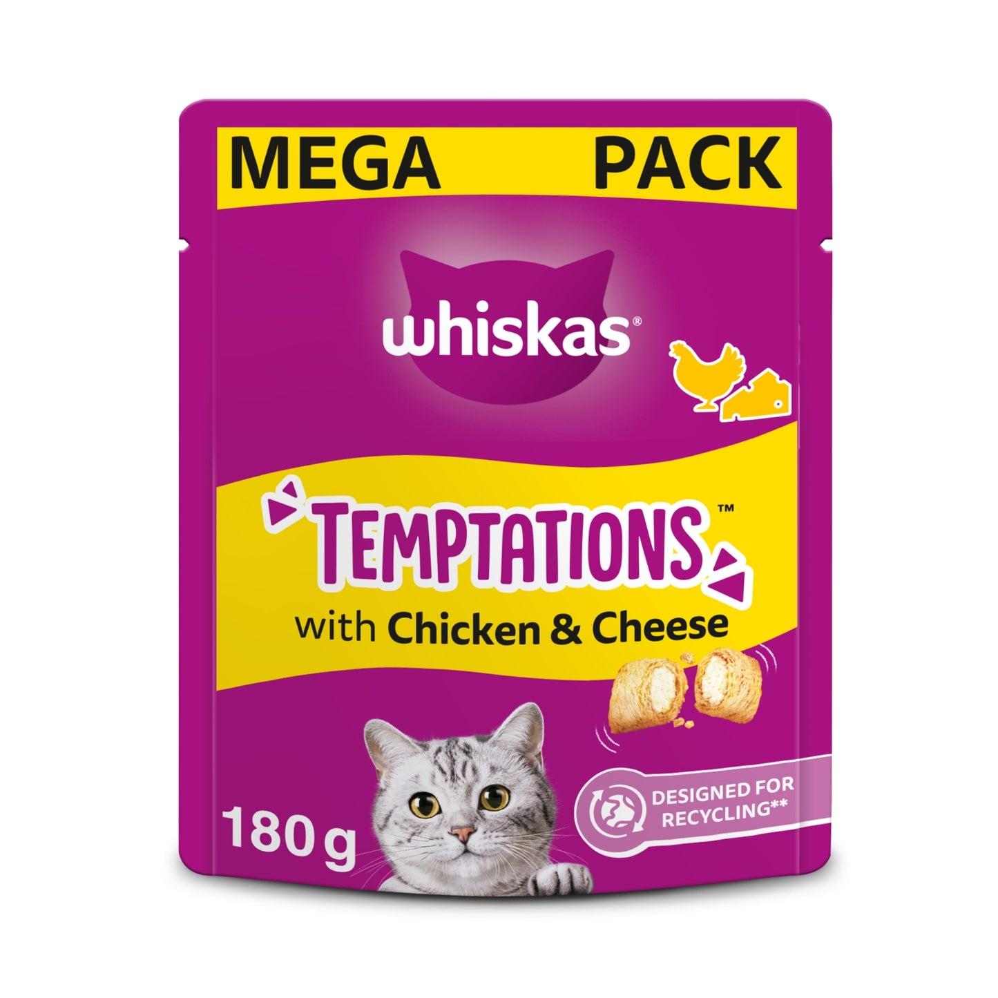 Whiskas TEMPTATIONS™ Adult Cat Treats with Chicken & Cheese 180g