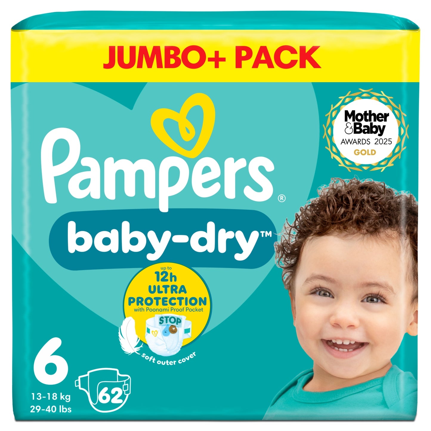 Pampers Baby-Dry Size 6, 62 Nappies, 13kg-18kg, Jumbo+ Pack