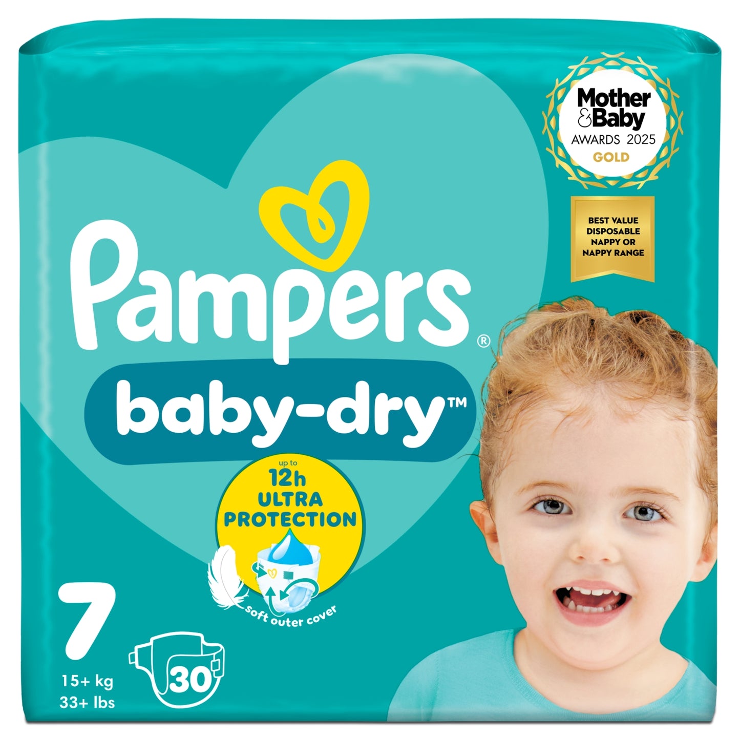 Pampers Baby-Dry Size 7, 30 Nappies, 15kg+, Essential Pack