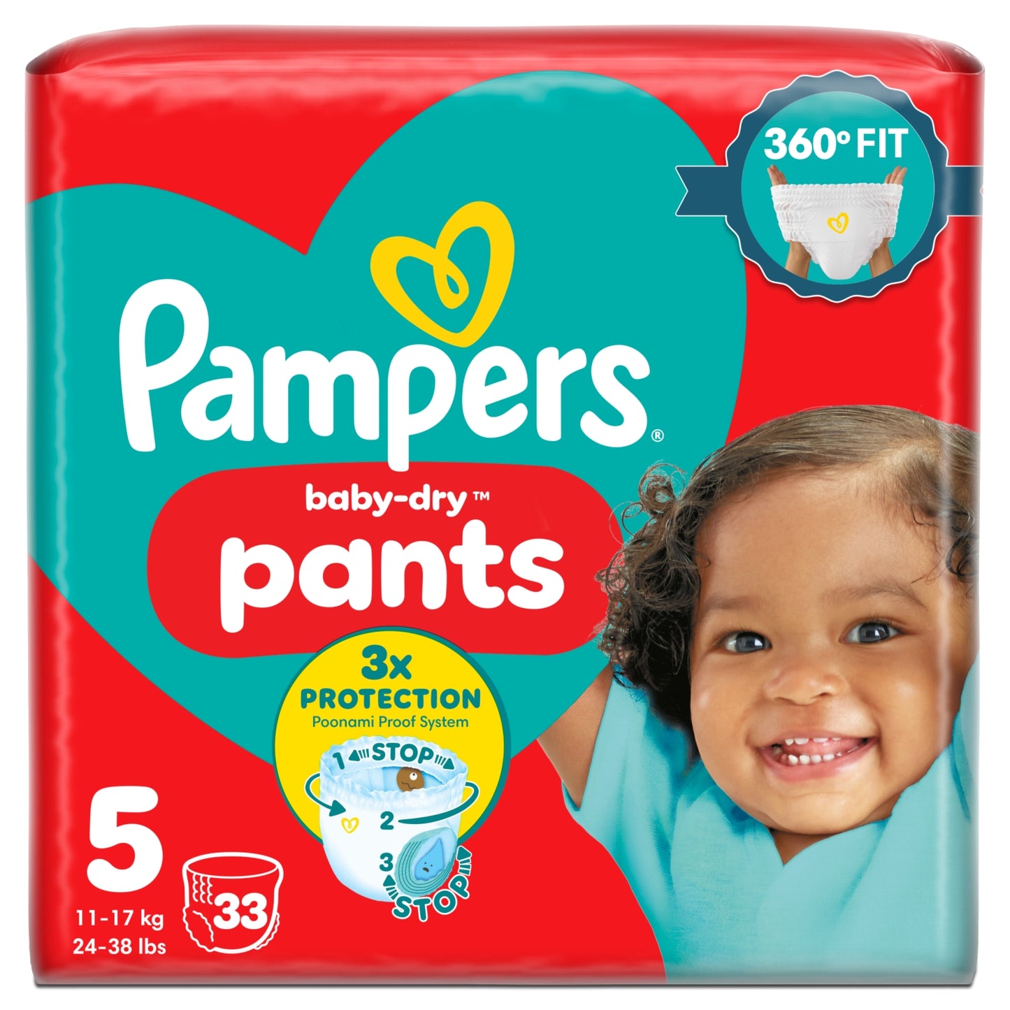 Pampers Baby-Dry Nappy Pants Size 5, 33 Nappies, 11kg-17kg, Essential Pack