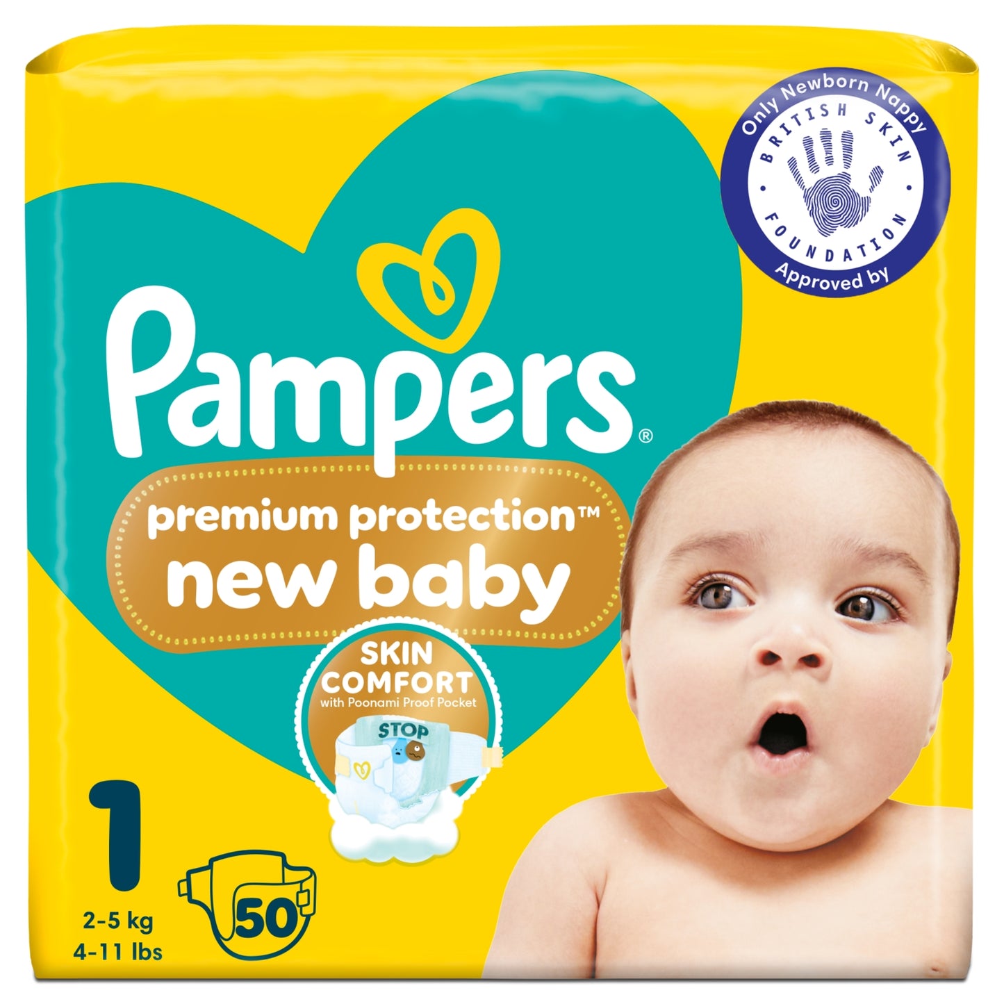 Pampers Premium Protection New Baby Size 1, 50 Nappies, 2kg-5kg, Essential Pack