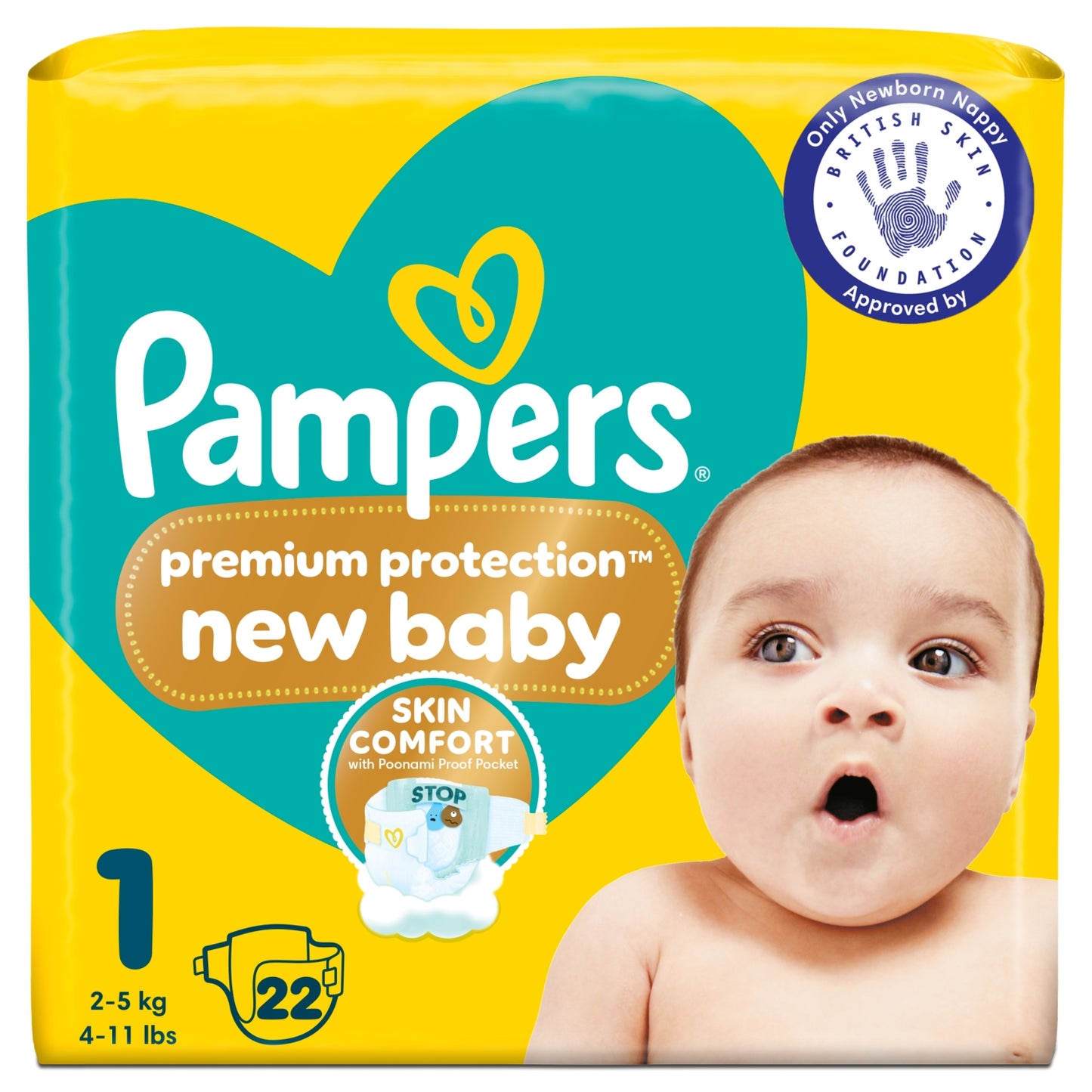 Pampers Premium Protection New Baby Size 1, 22 Nappies, 2kg-5kg, Carry Pack