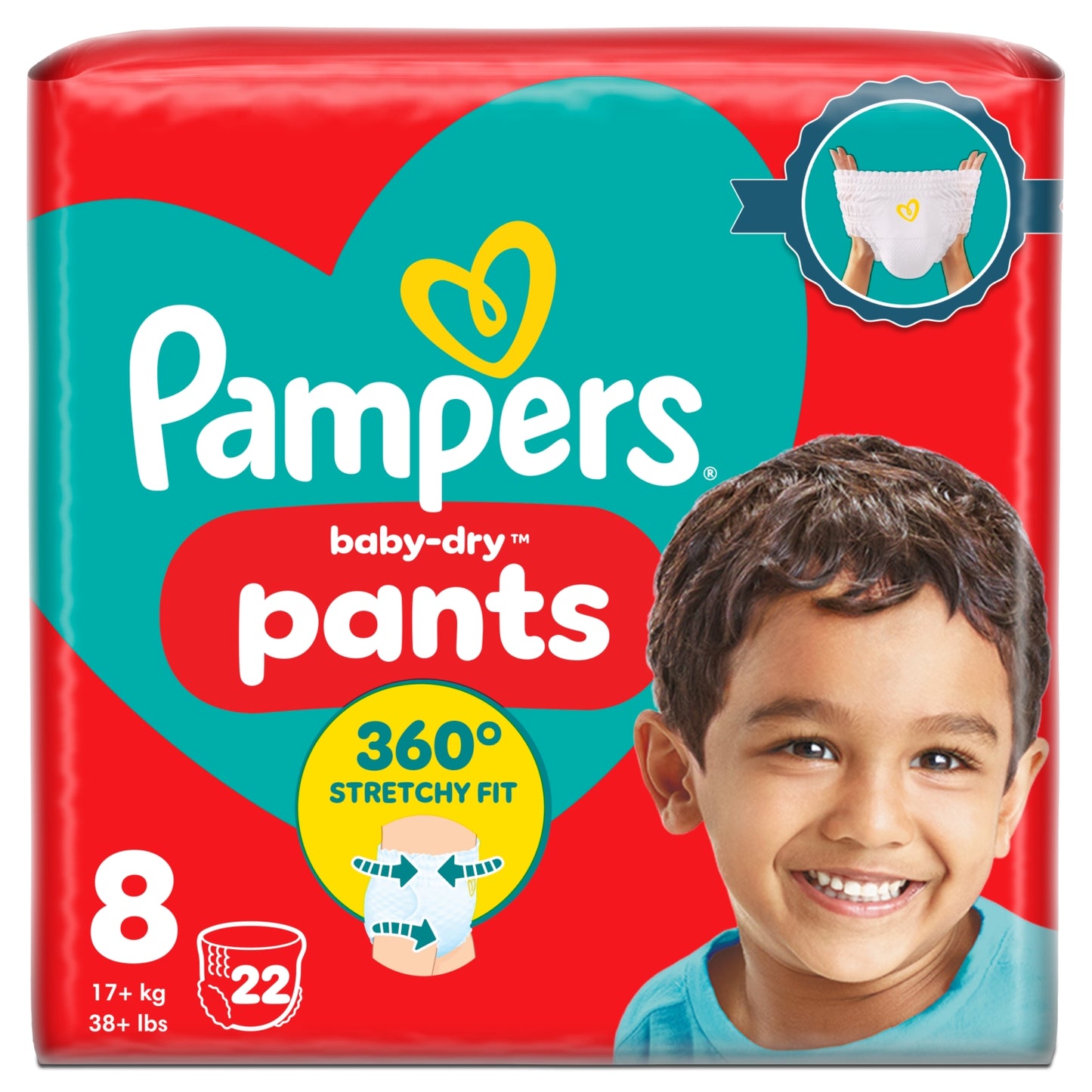 Pampers Baby-Dry Nappy Pants Size 8, 22 Nappies, 17kg+, Essential Pack