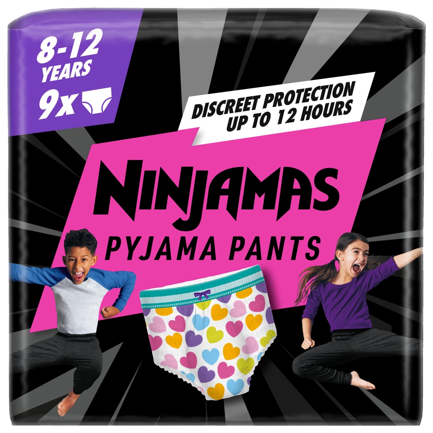 Pampers Ninjamas Pyjama Pants Unisex Hearts, 8 - 12 Years, 9 Pyjama Pants, 27kg - 43kg