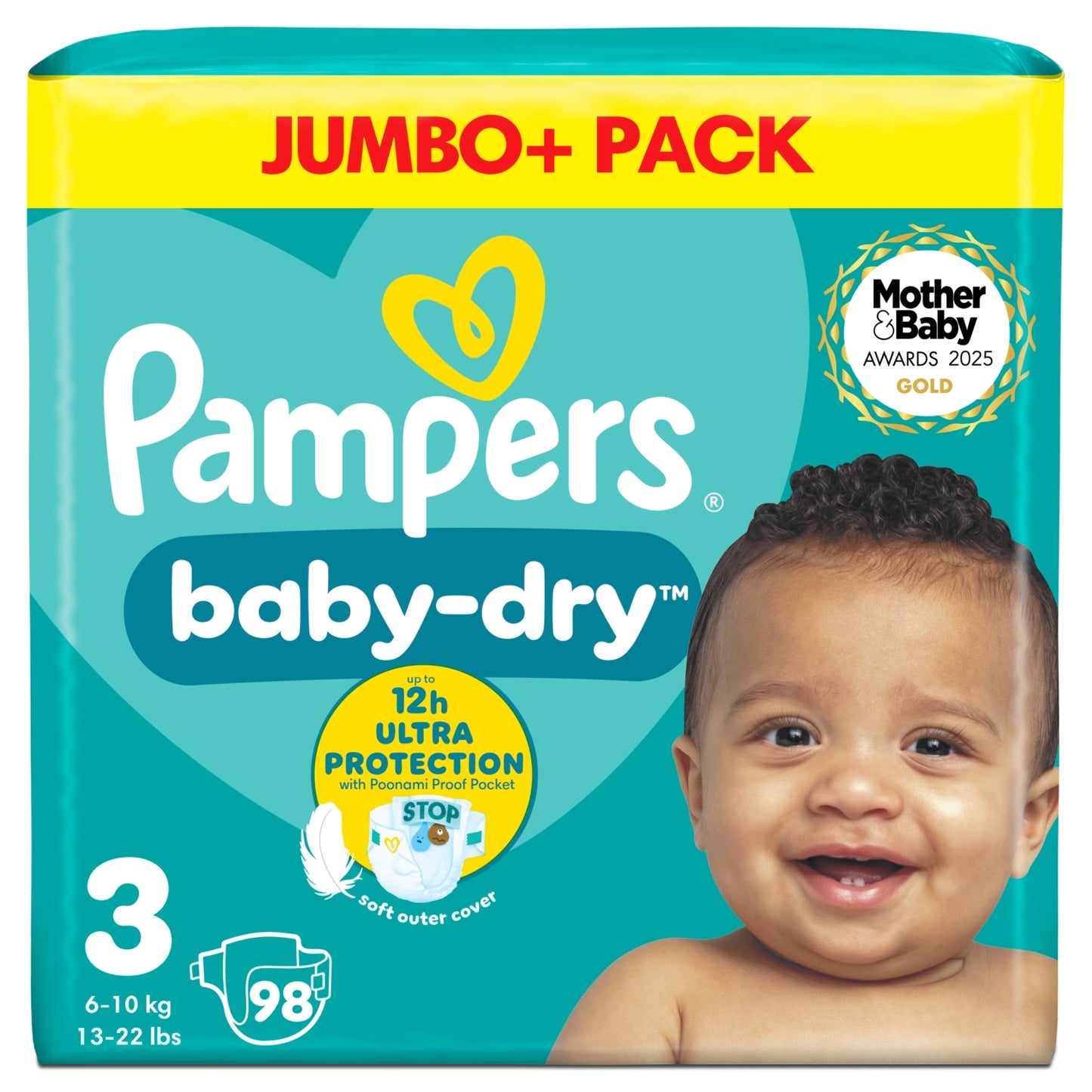 Pampers Baby-Dry Size 3, 98 Nappies, 6kg-10kg, Jumbo+ Pack
