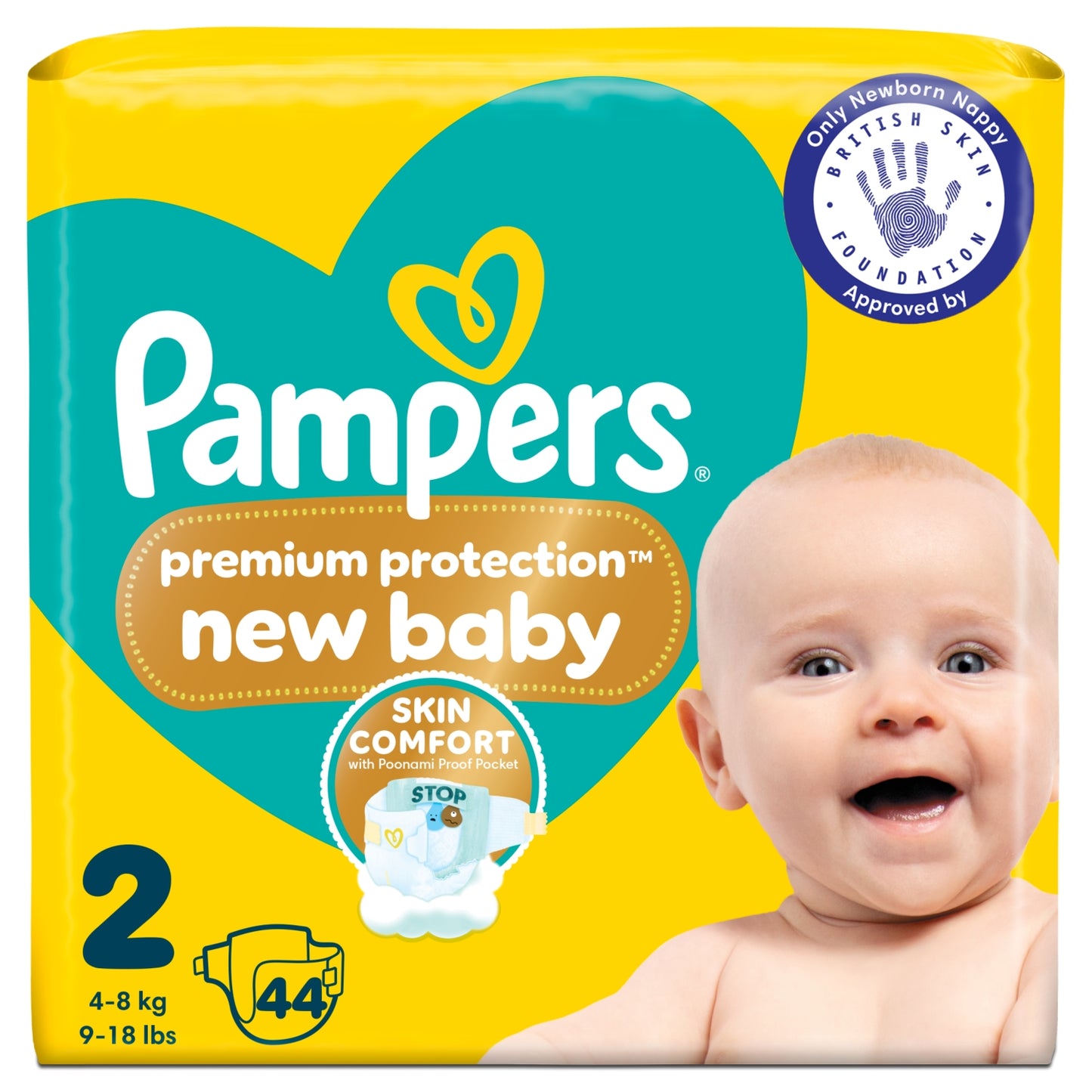 Pampers Premium Protection New Baby Size 2, 44 Nappies, 4kg-8kg, Essential Pack