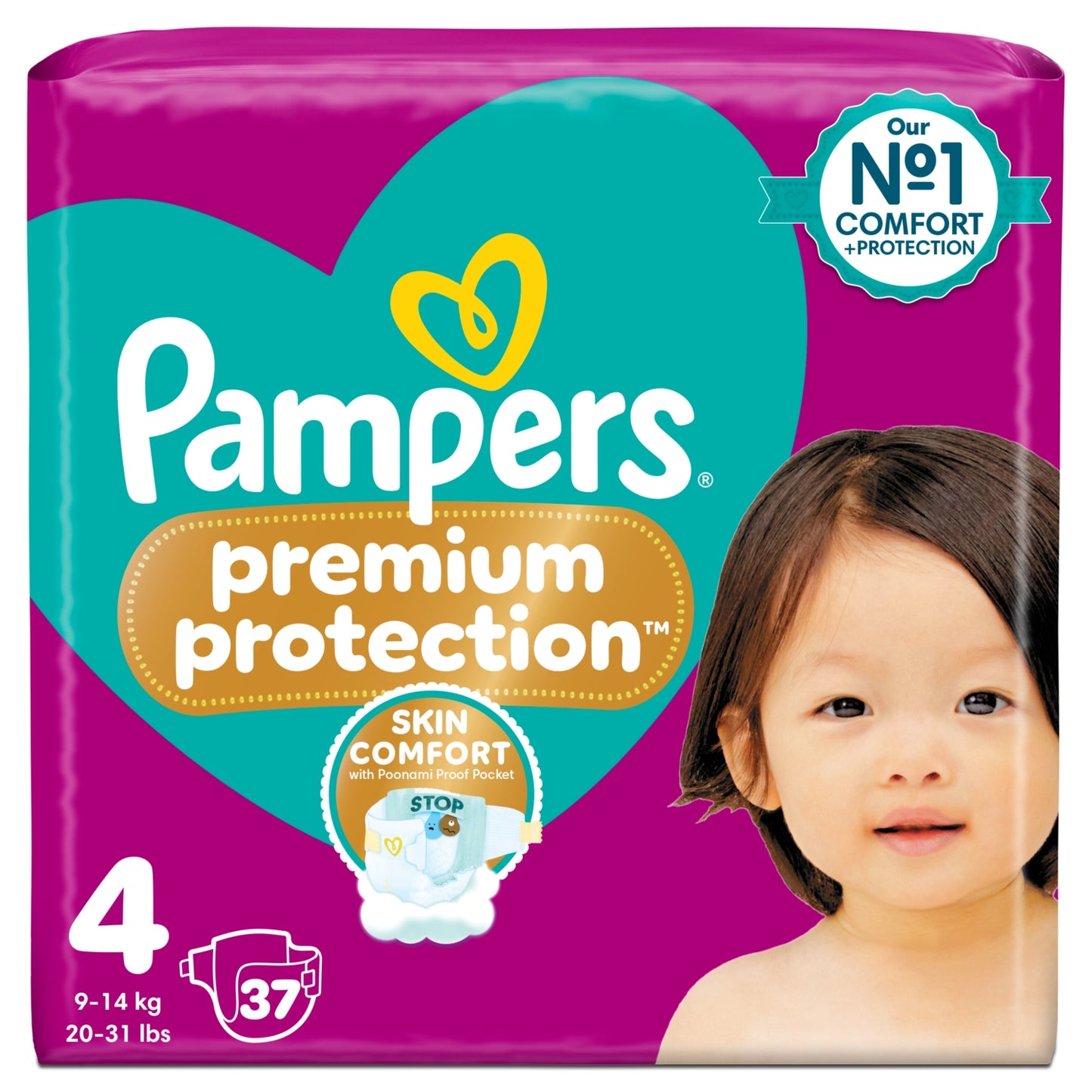 Pampers Premium Protection Size 4, 37 Baby Nappies, 9kg-14kg, Essential Pack