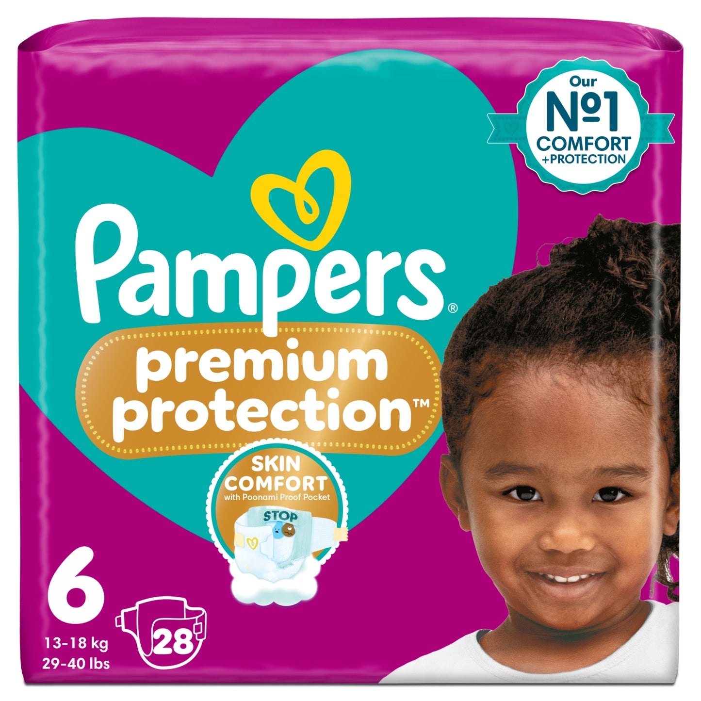 Pampers Premium Protection Size 6, 28 Baby Nappies, 13kg-18kg, Essential Pack