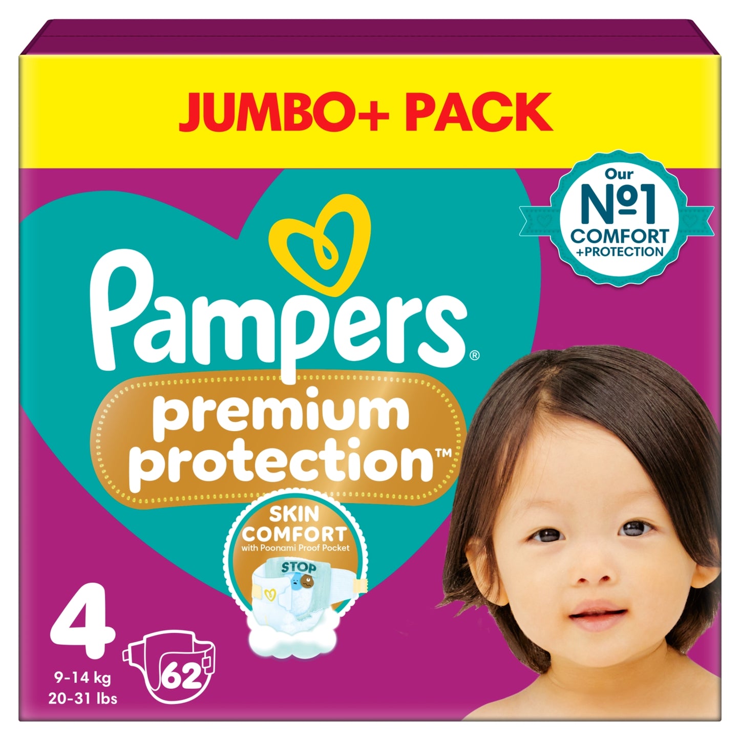 Pampers Premium Protection Size 4, 62 Baby Nappies, 9kg-14kg, Jumbo+ Pack