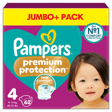 Pampers Premium Protection Size 4, 62 Baby Nappies, 9kg-14kg, Jumbo+ Pack