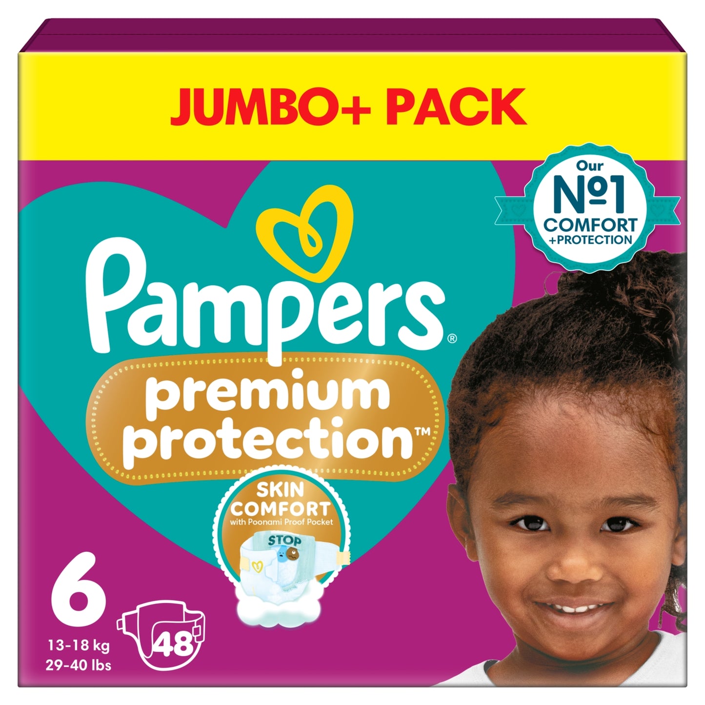 Pampers Premium Protection Size 6, 48 Baby Nappies, 13kg-18kg, Jumbo+ Pack