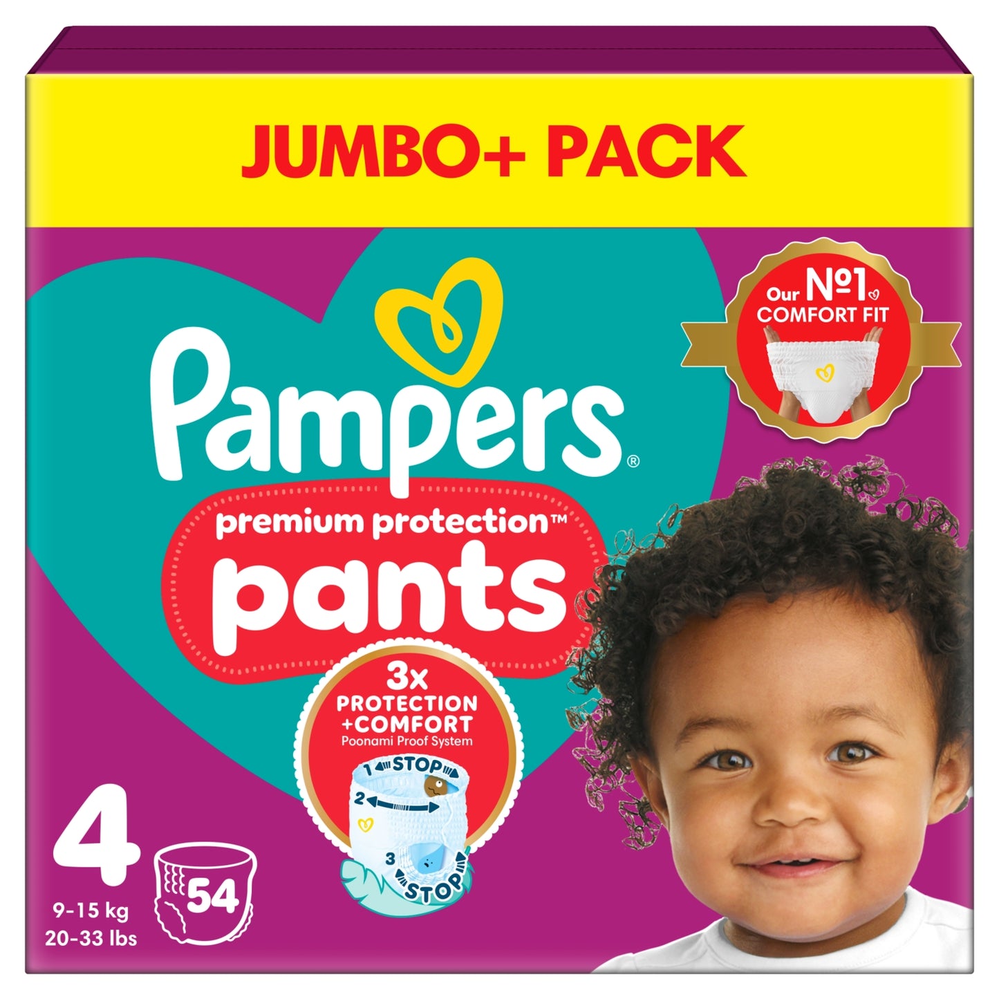 Pampers Premium Protection Nappy Pants Size 4, 54 Nappies, 9kg-15kg, Jumbo+ Pack