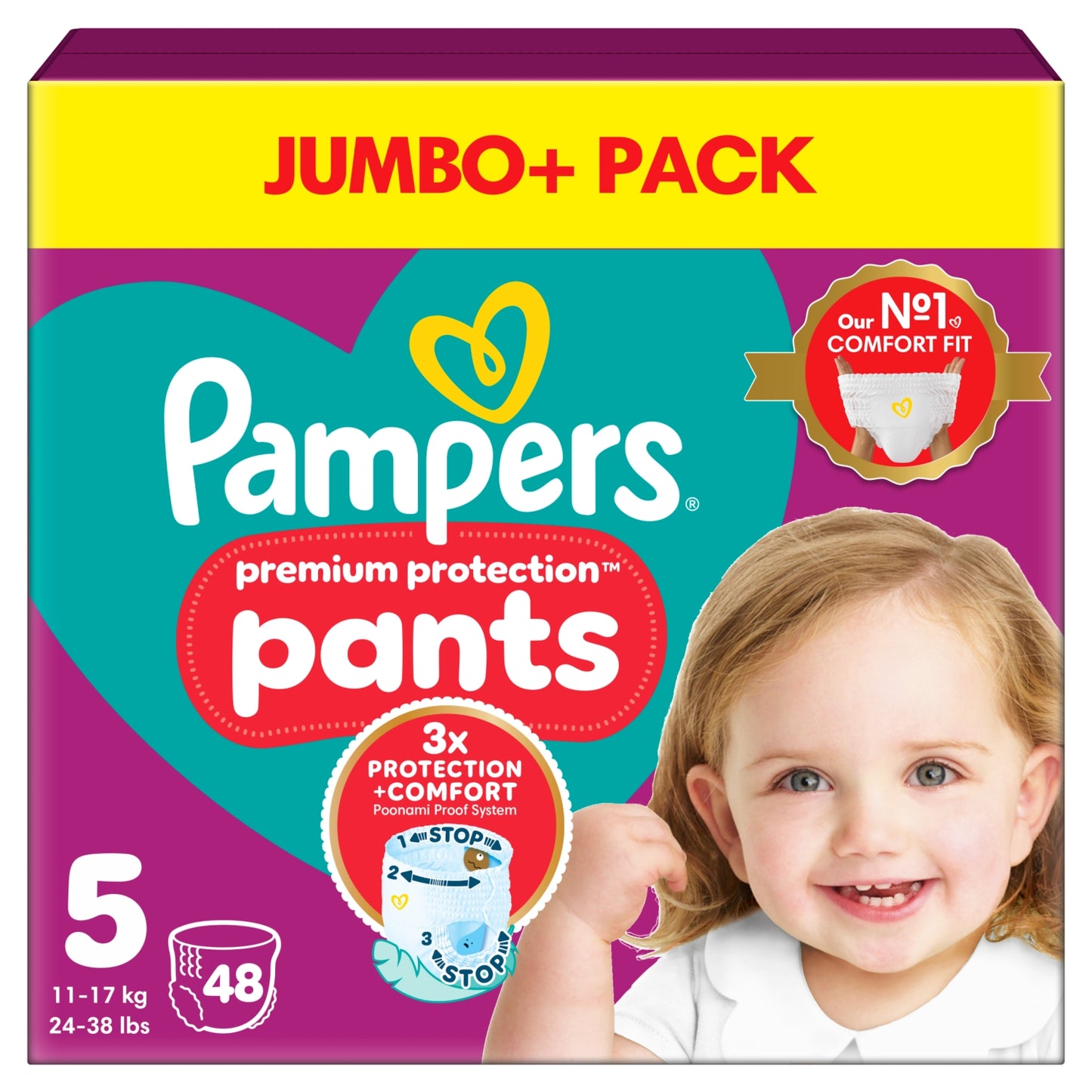 Pampers Premium Protection Nappy Pants Size 5, 48 Nappies, 11kg-17kg, Jumbo+ Pack