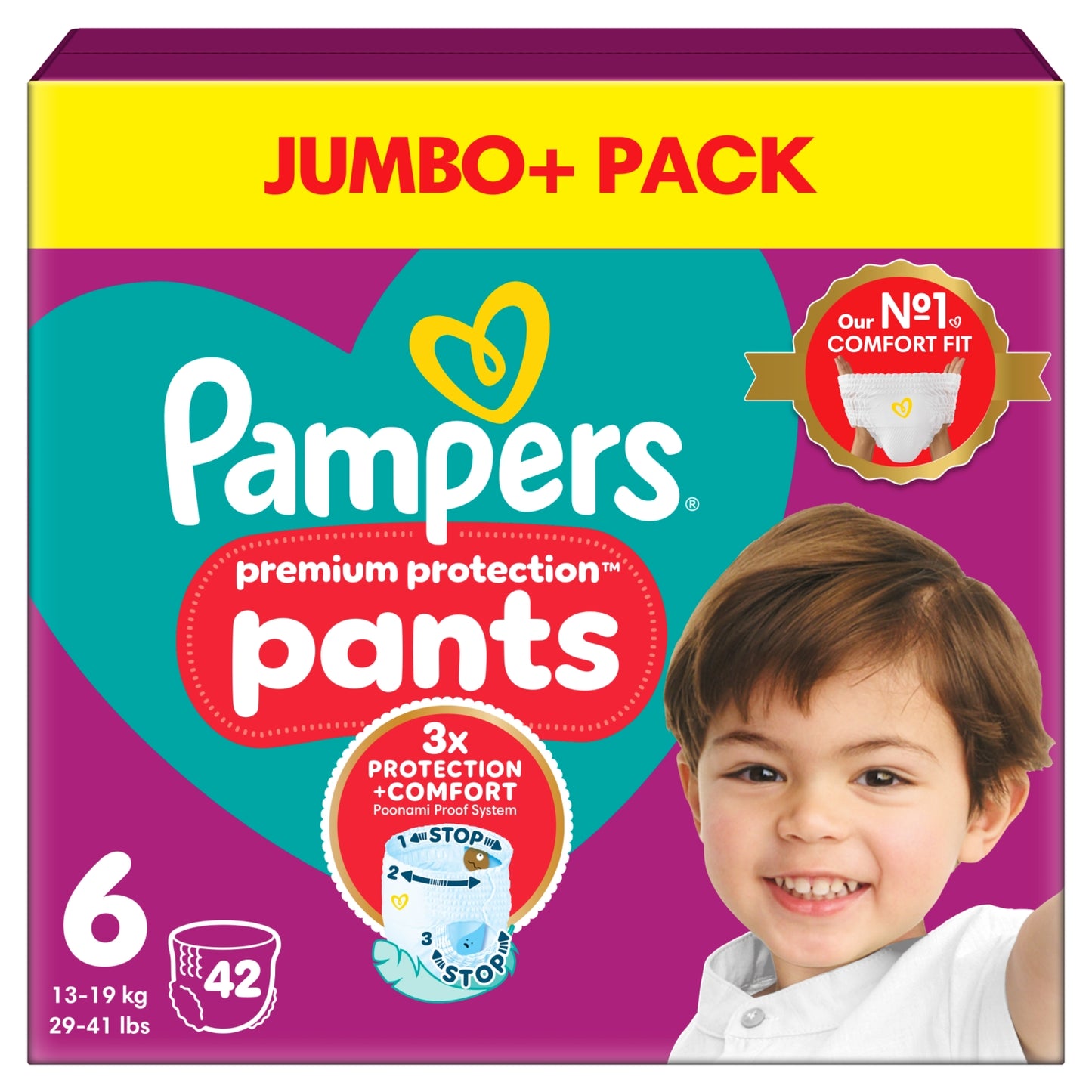Pampers Premium Protection Nappy Pants Size 6, 42 Nappies, 13kg-19kg, Jumbo+ Pack