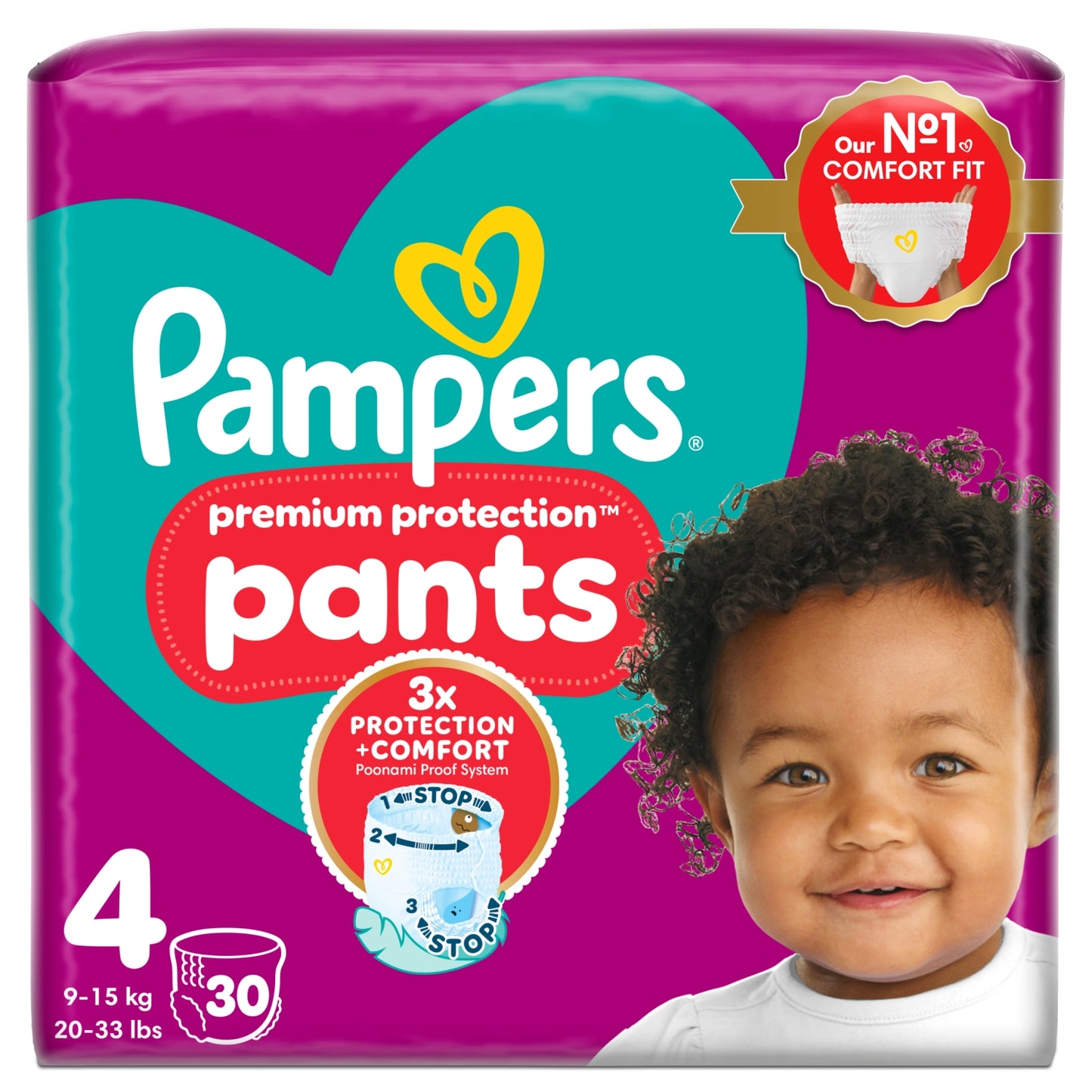 Pampers Premium Protection Nappy Pants Size 4, 30 Nappies, 9kg-15kg, Essential Pack
