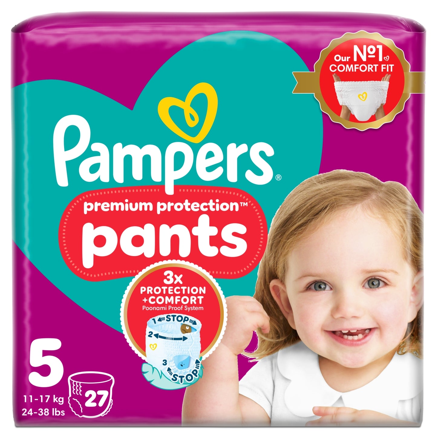 Pampers Premium Protection Nappy Pants Size 5, 27 Nappies, 11kg-17kg, Essential Pack