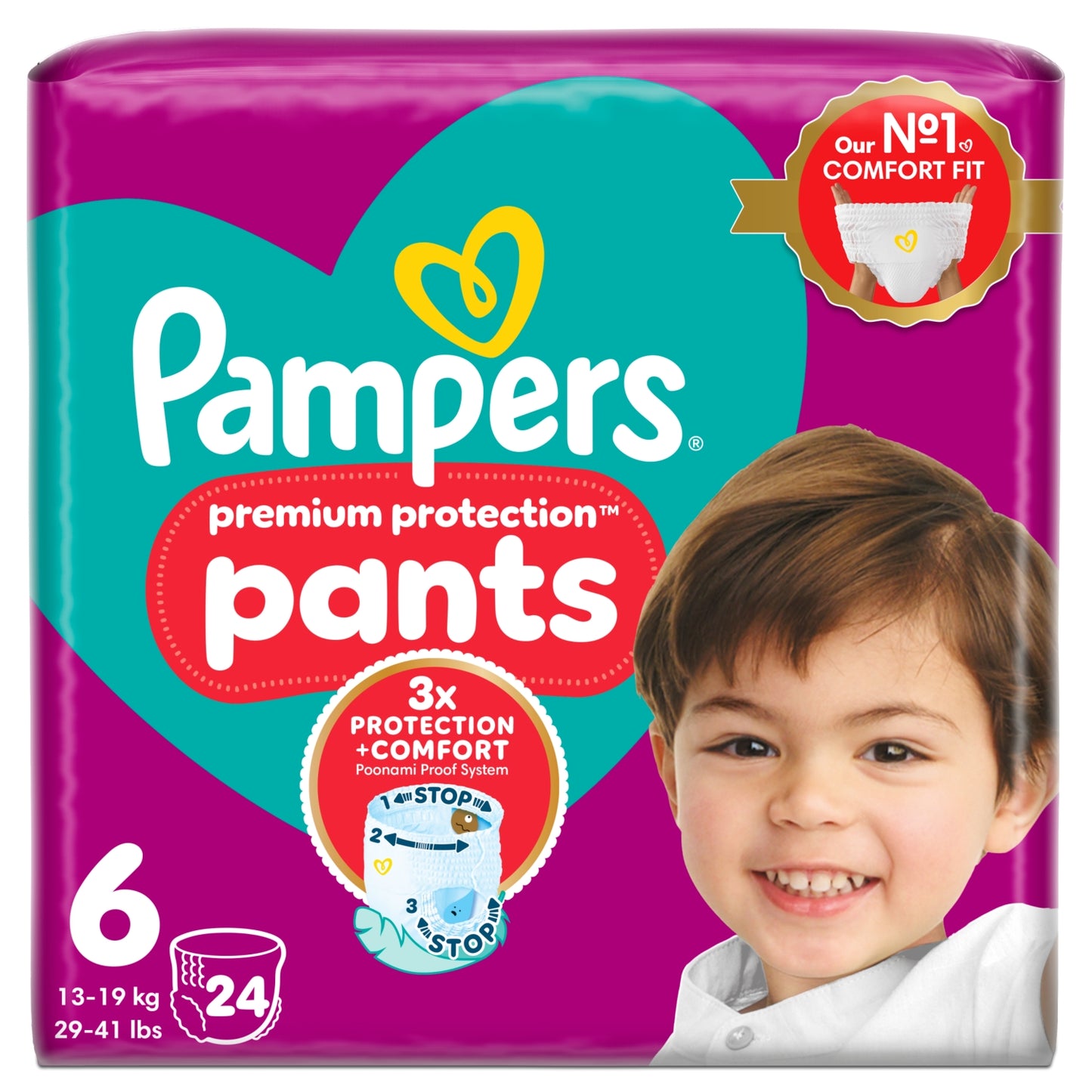 Pampers Premium Protection Nappy Pants Size 6, 24 Nappies, 13kg-19kg, Essential Pack