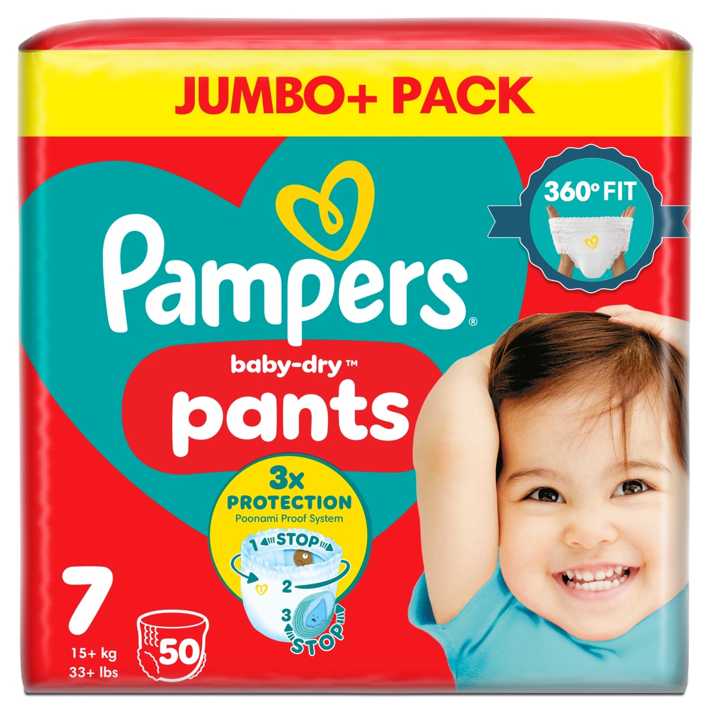 Pampers Baby-Dry Nappy Pants Size 7, 50 Nappies, 15kg+, Jumbo+ Pack