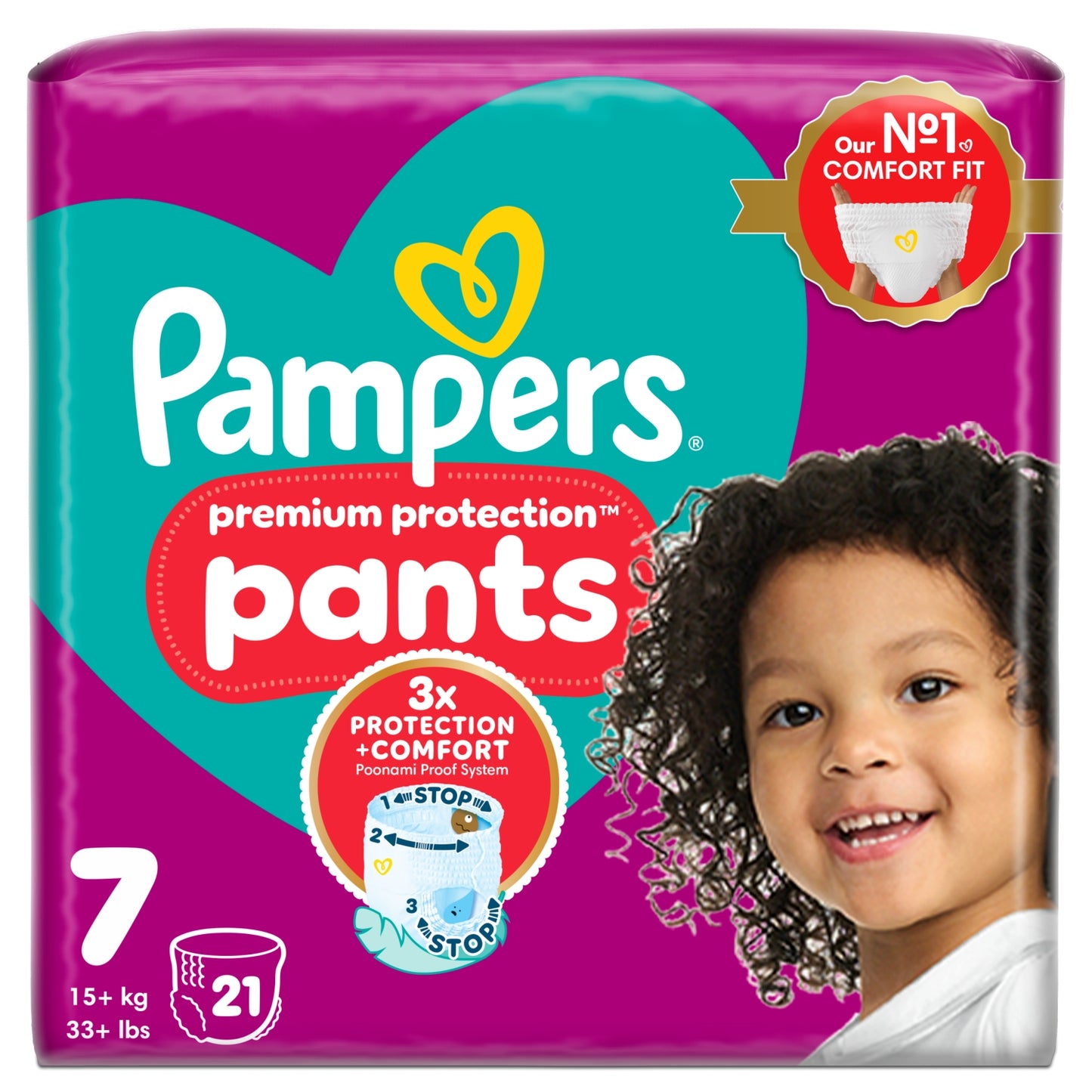 Pampers Premium Protection Nappy Pants Size 7, 21 Nappies, 15kg+, Essential Pack