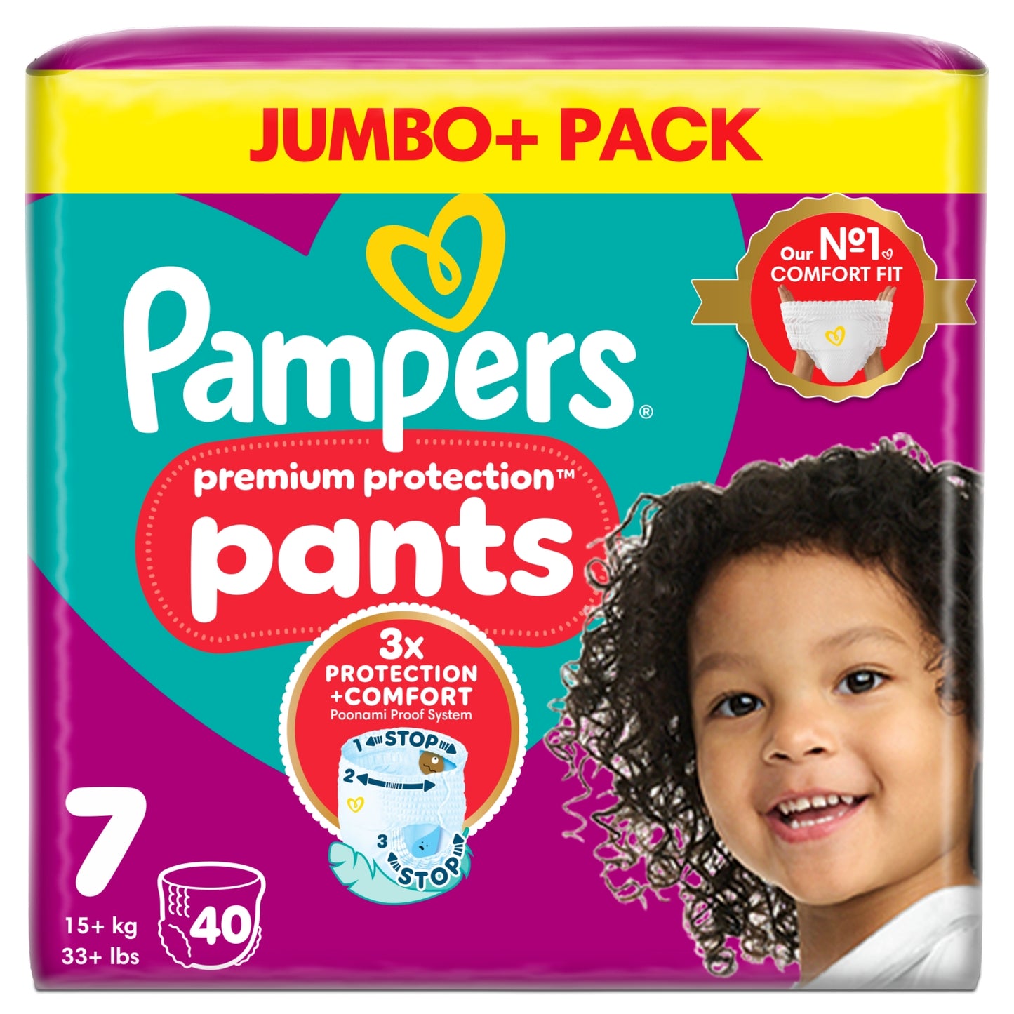 Pampers Premium Protection Nappy Pants Size 7, 40 Nappies, 15kg+, Jumbo+ Pack