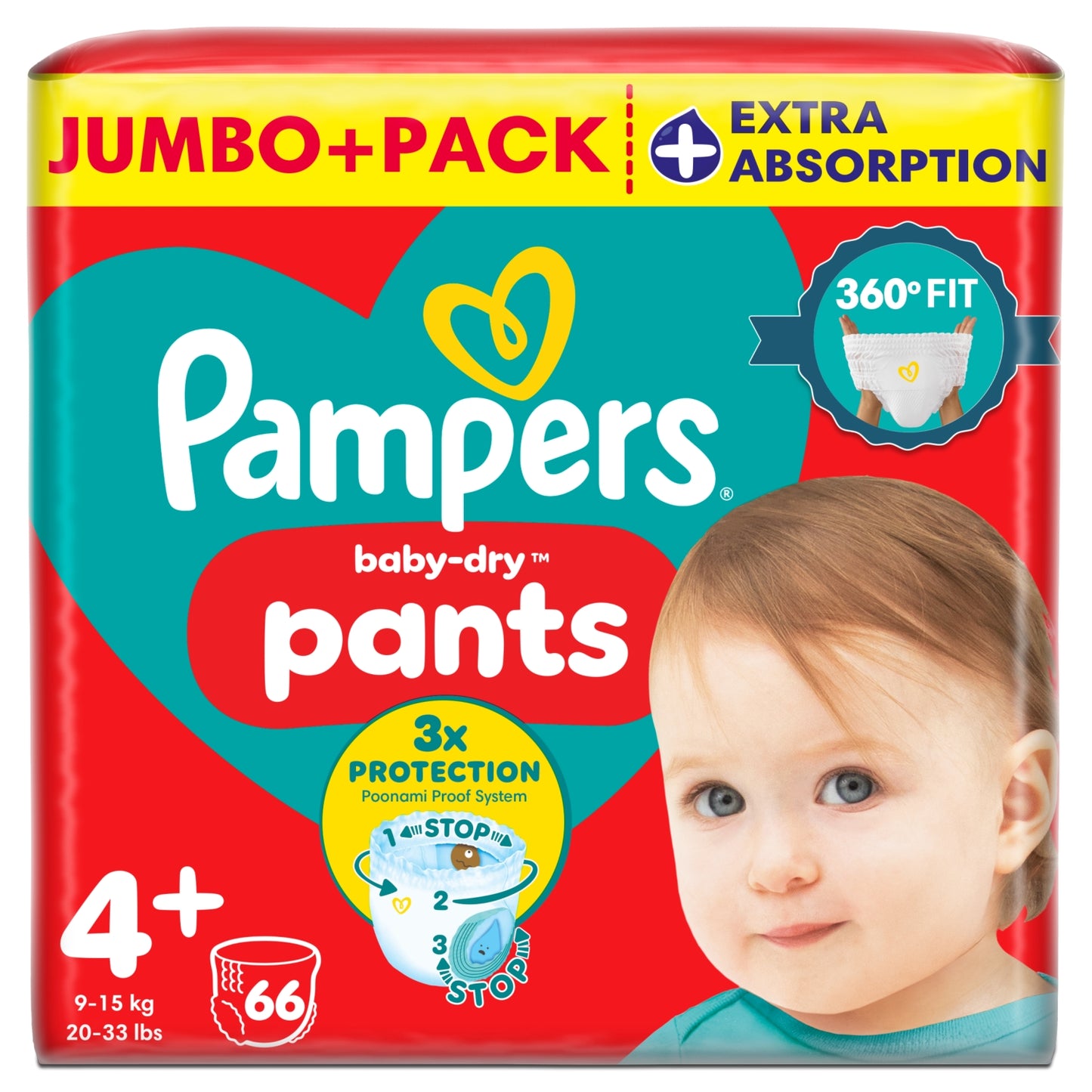 Pampers Baby-Dry Nappy Pants Size 4+, 66 Nappies, 9kg-15kg, Jumbo+ Pack