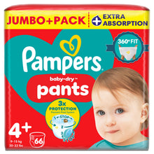 Pampers Baby-Dry Nappy Pants Size 4+, 66 Nappies, 9kg-15kg, Jumbo+ Pack
