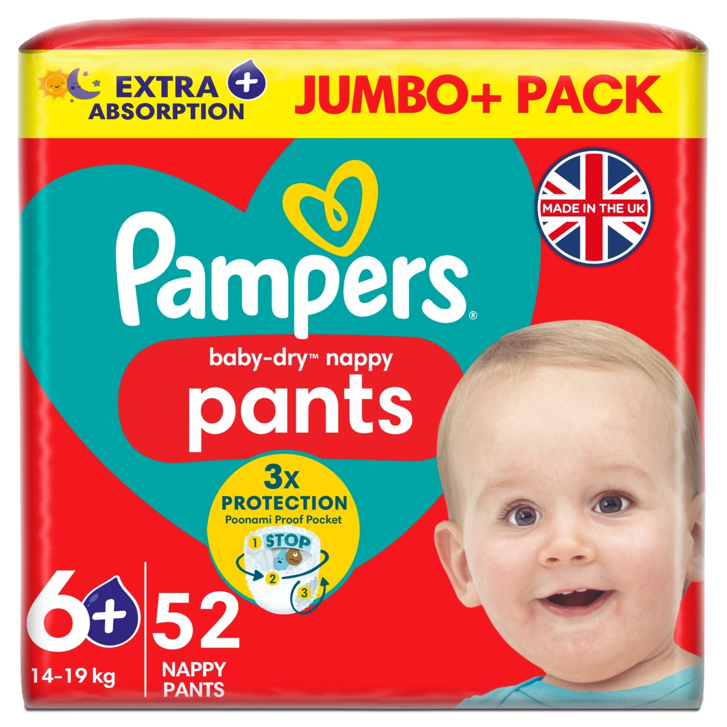 Pampers Baby-Dry Nappy Pants Size 6+, 52 Nappies, 14kg-19kg,