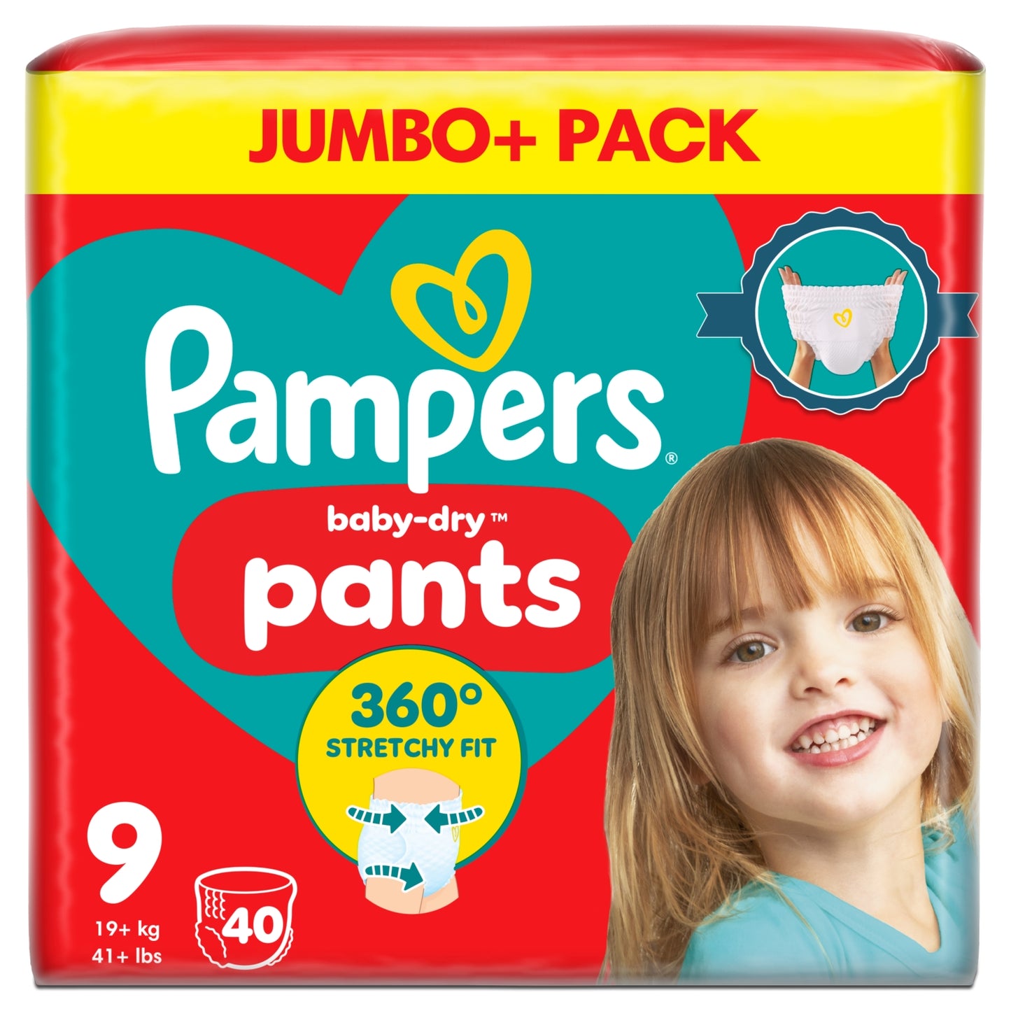 Pampers Baby-Dry Nappy Pants Size 9, 40 Nappies, 19kg+, Monthly Pack